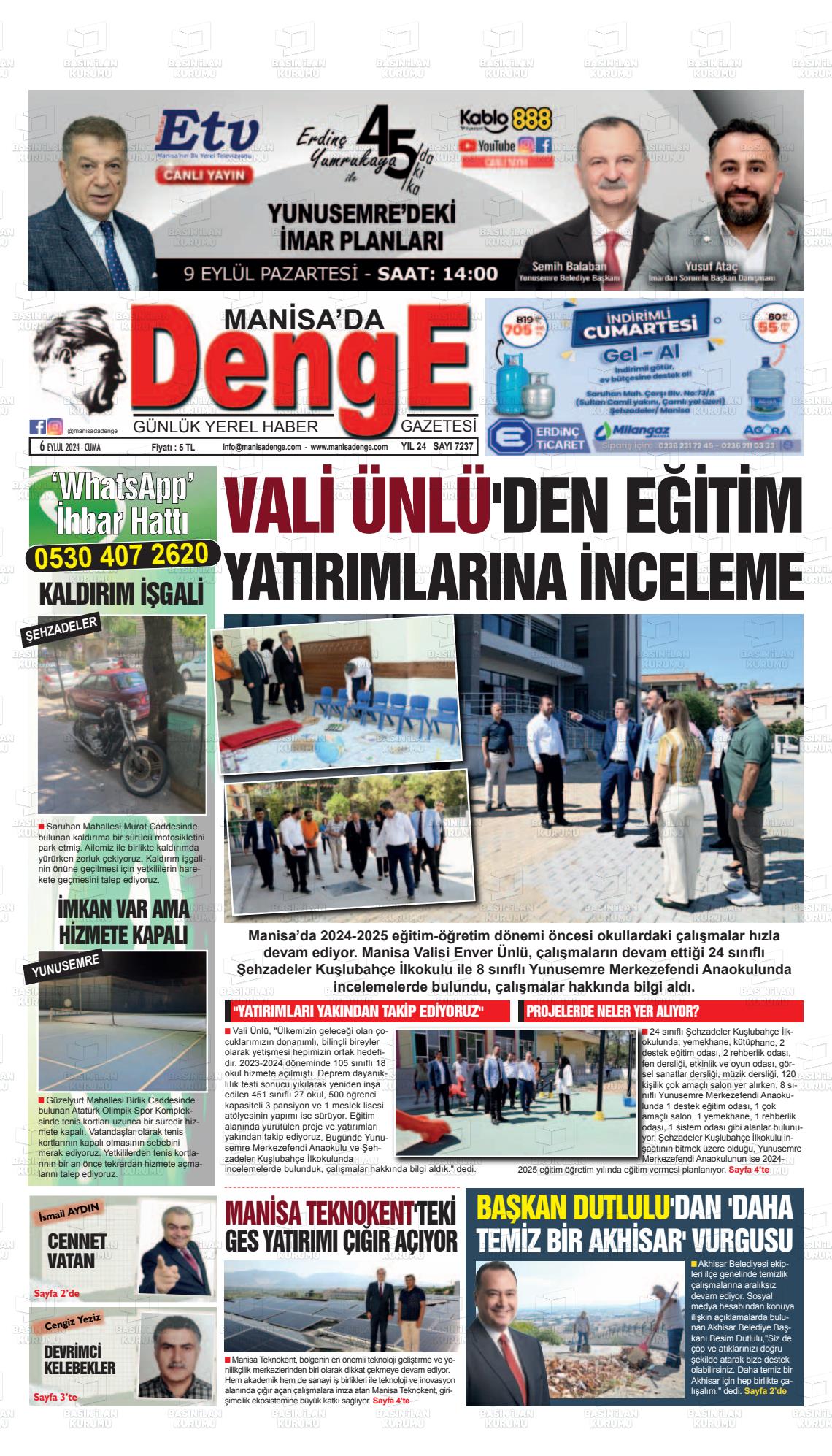 06 Eylül 2024 Manisada Denge Gazete Manşeti