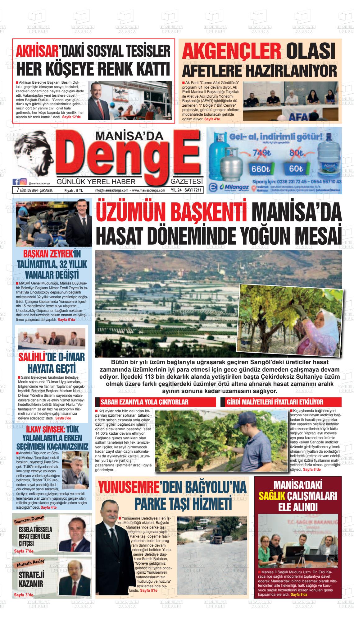 07 Ağustos 2024 Manisada Denge Gazete Manşeti