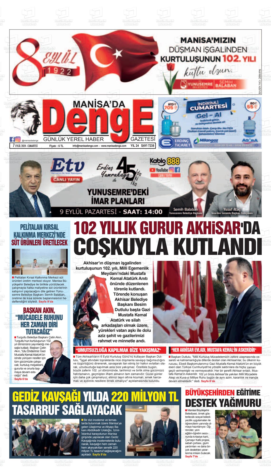 07 Eylül 2024 Manisada Denge Gazete Manşeti