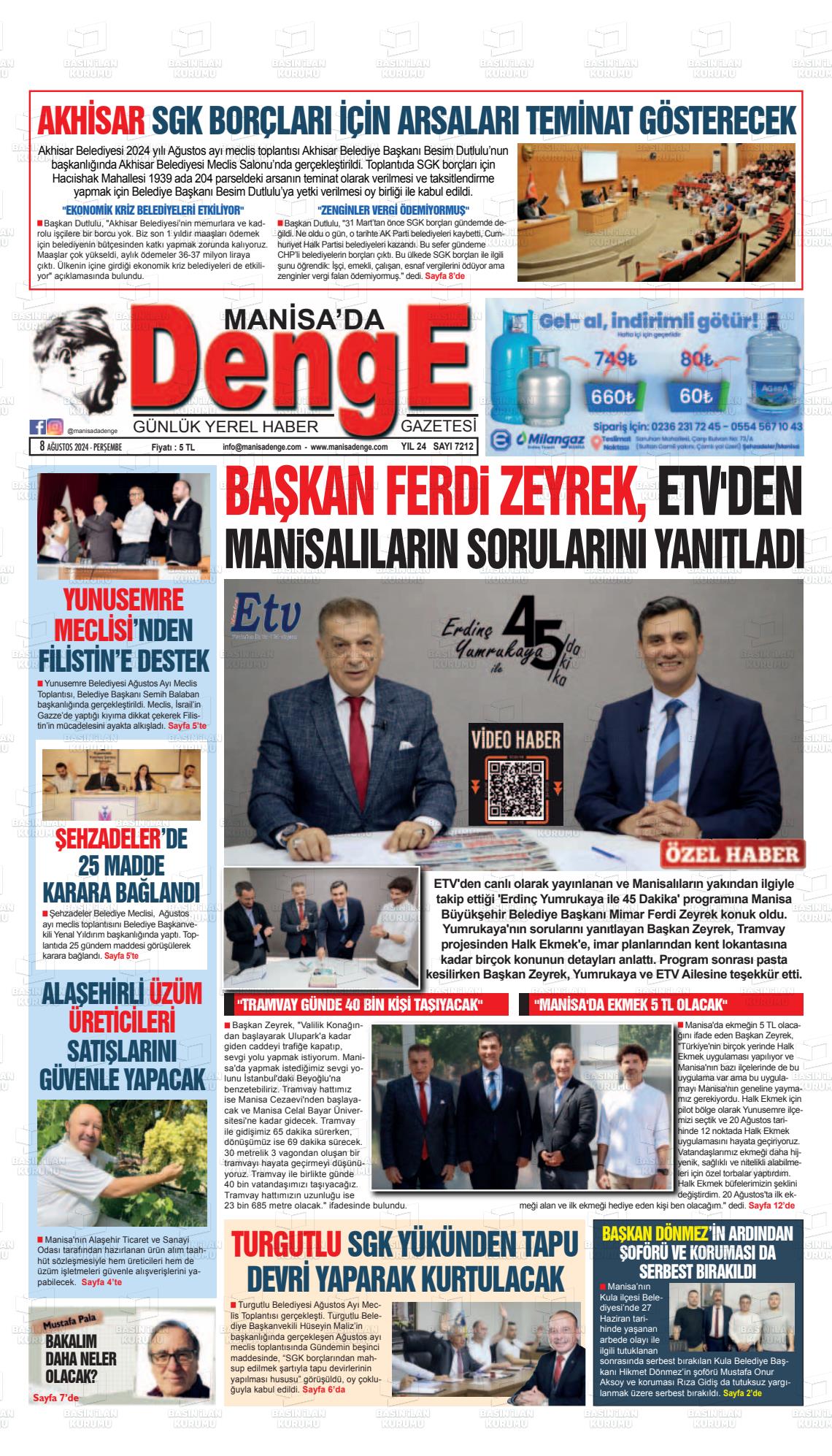 08 Ağustos 2024 Manisada Denge Gazete Manşeti