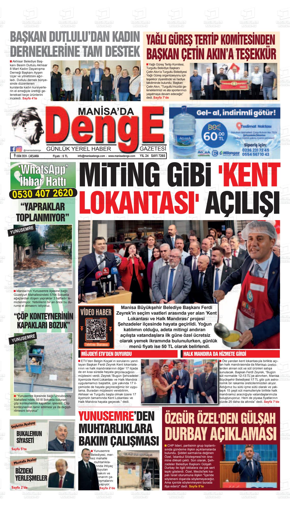 09 Ekim 2024 Manisada Denge Gazete Manşeti