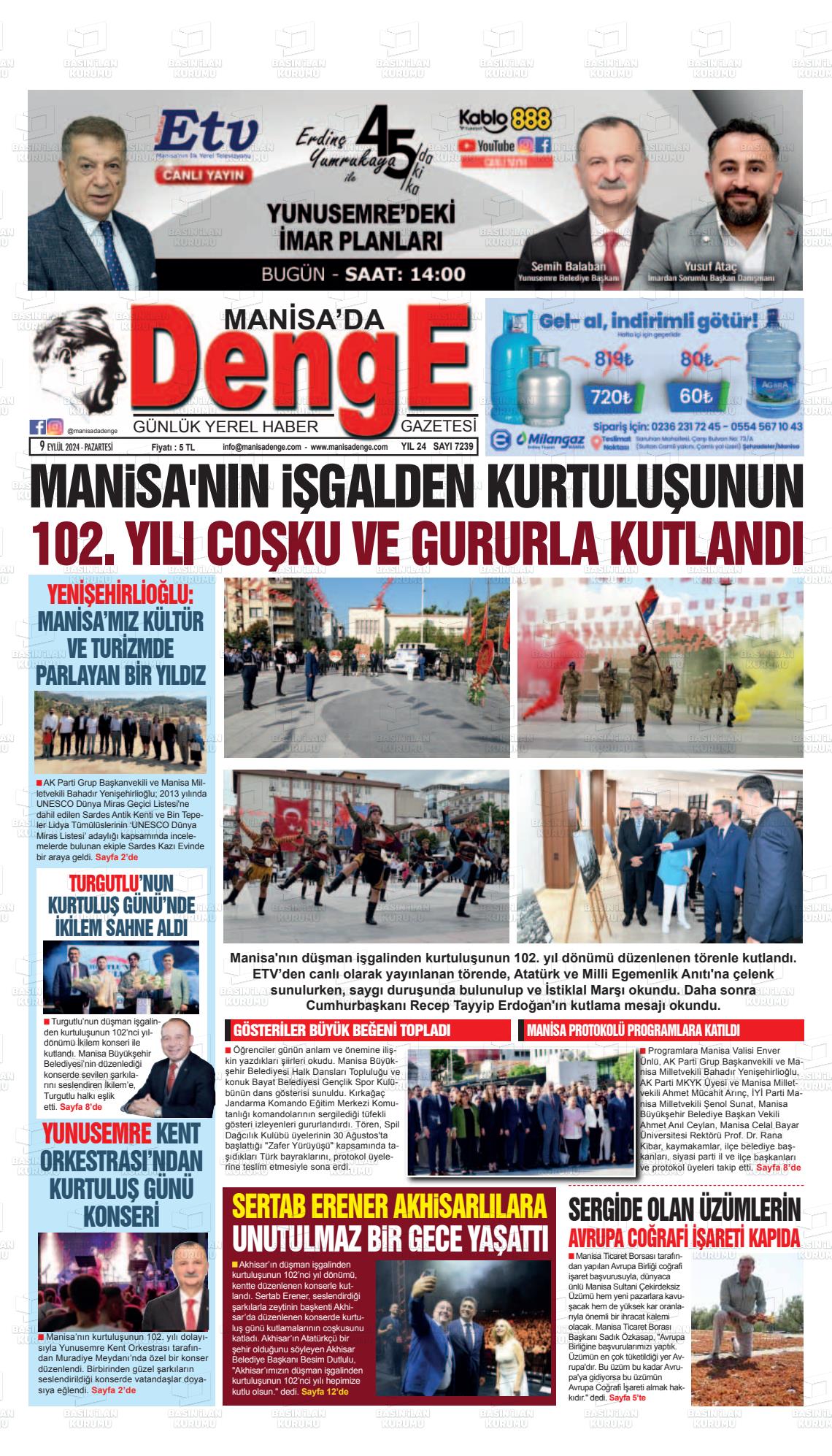 09 Eylül 2024 Manisada Denge Gazete Manşeti