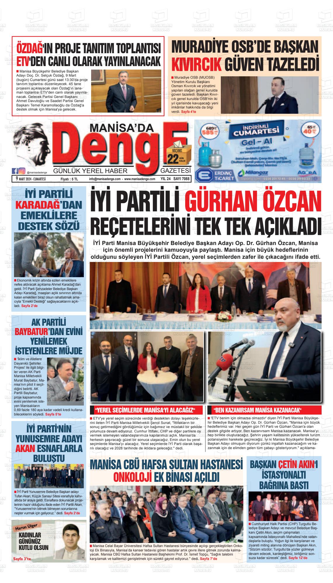 09 Mart 2024 Manisada Denge Gazete Manşeti