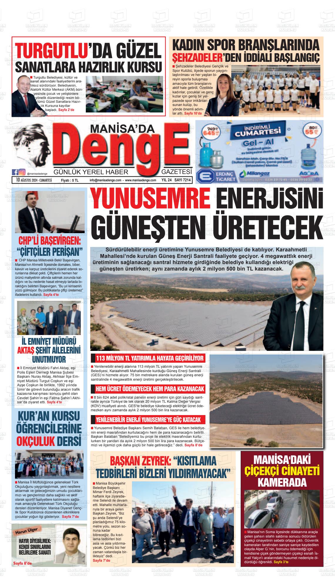 10 Ağustos 2024 Manisada Denge Gazete Manşeti