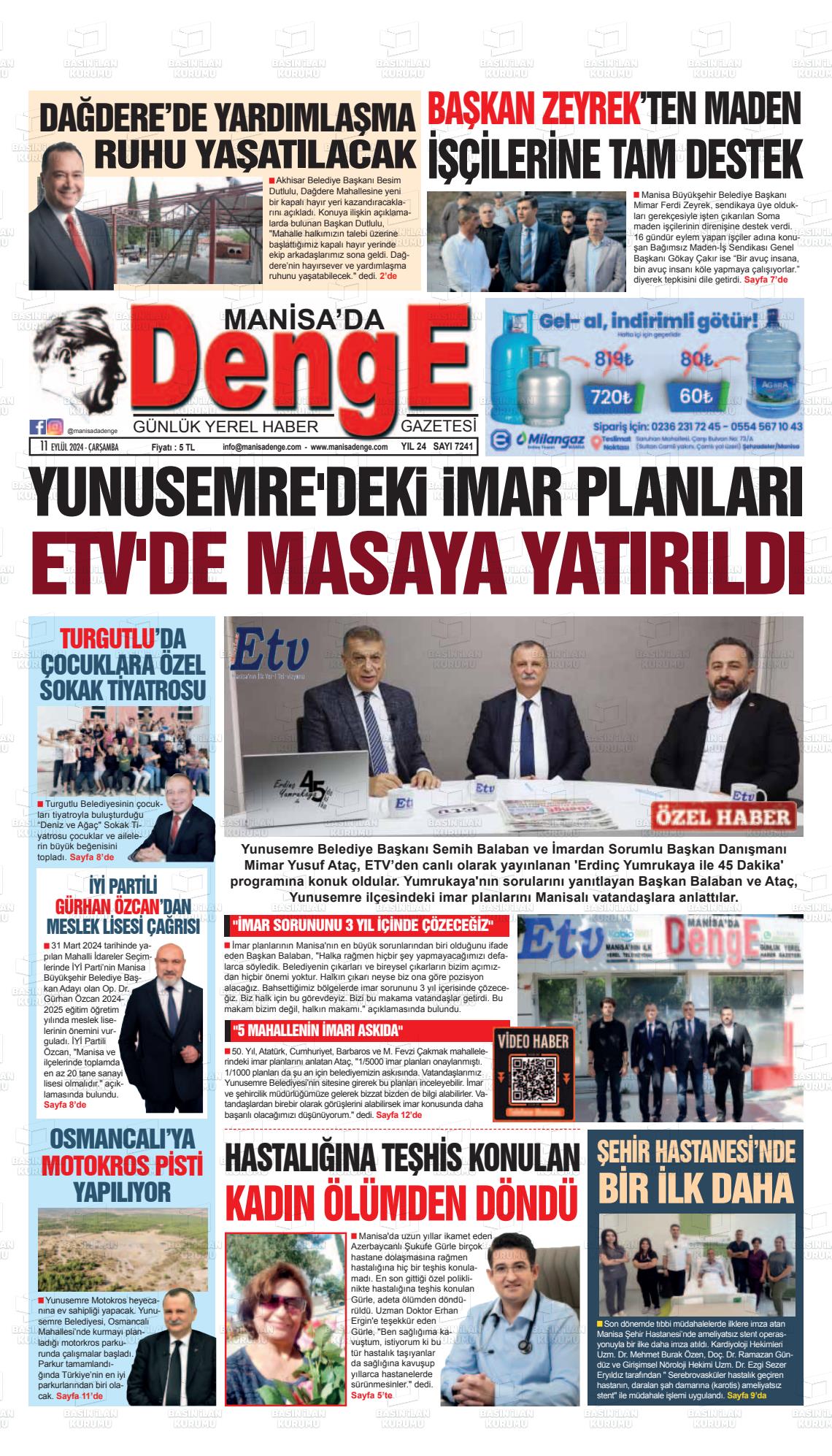 11 Eylül 2024 Manisada Denge Gazete Manşeti