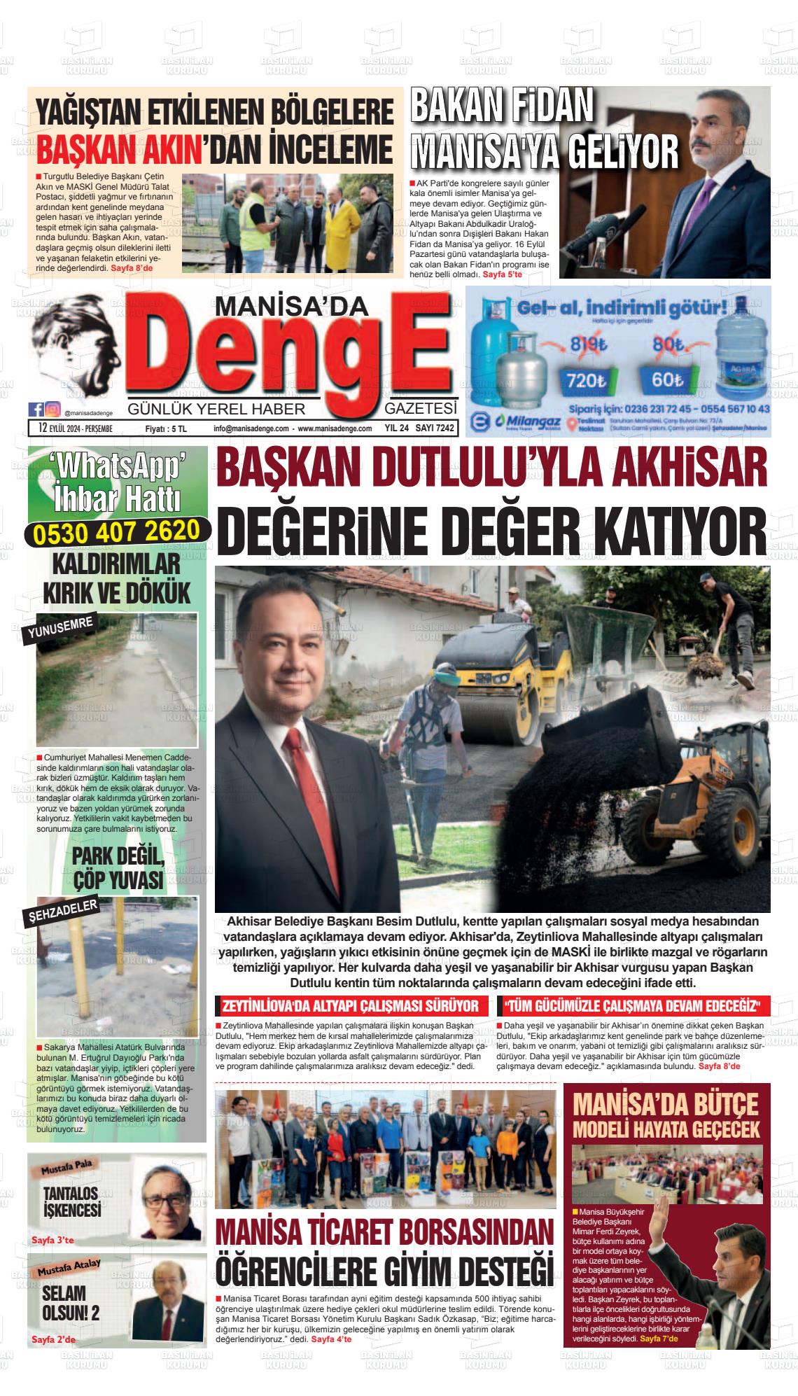 12 Eylül 2024 Manisada Denge Gazete Manşeti