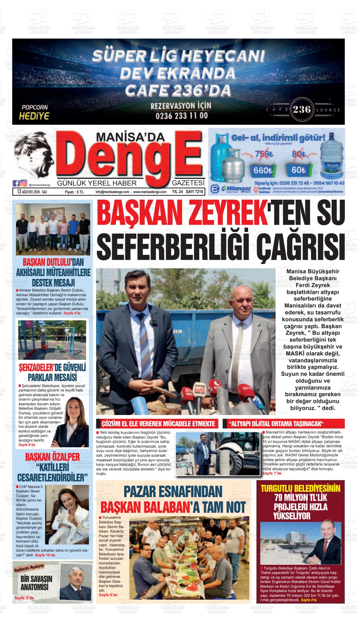 13 Ağustos 2024 Manisada Denge Gazete Manşeti