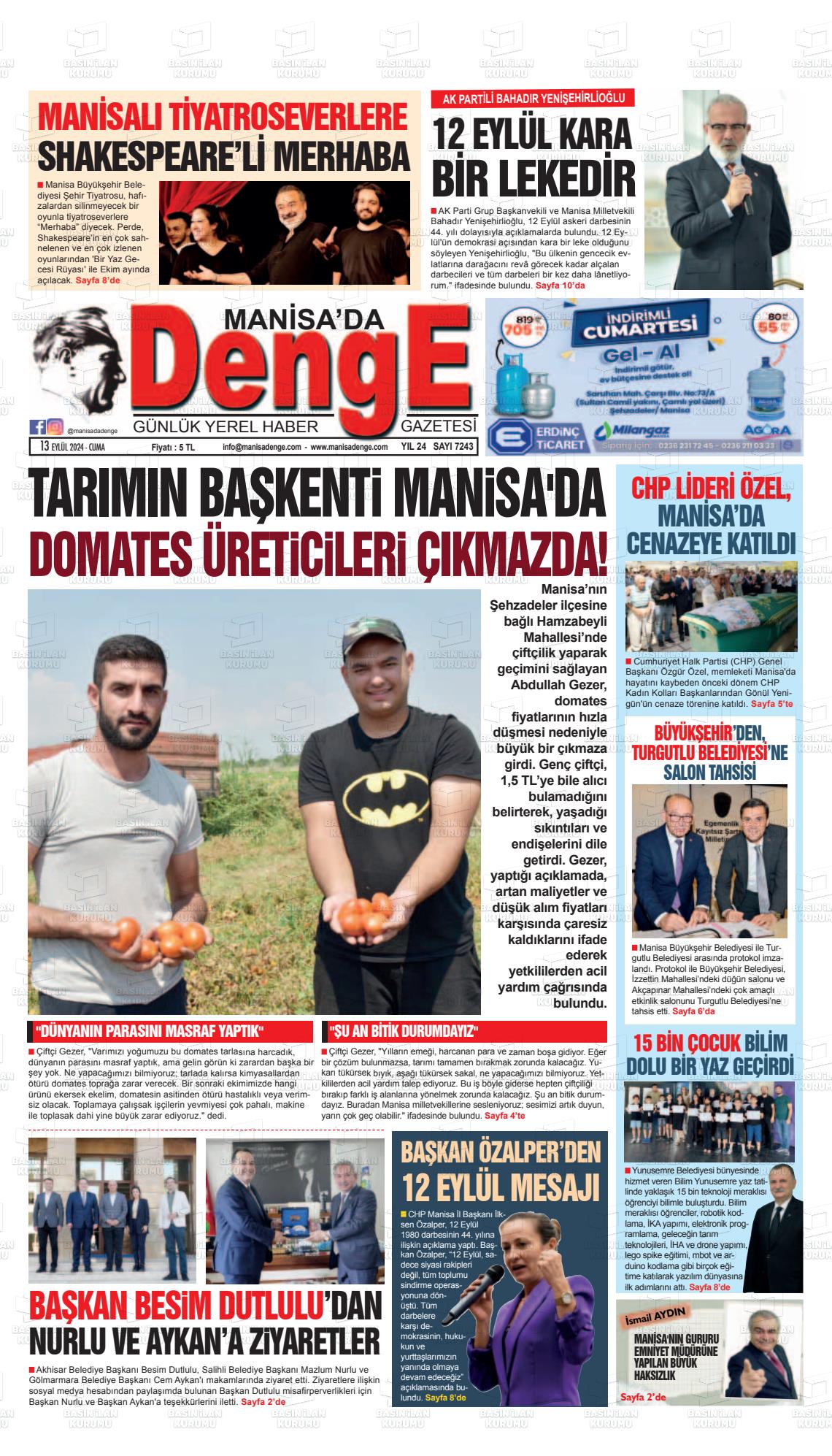 13 Eylül 2024 Manisada Denge Gazete Manşeti