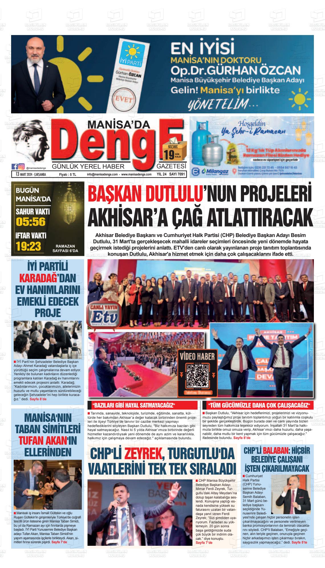 13 Mart 2024 Manisada Denge Gazete Manşeti