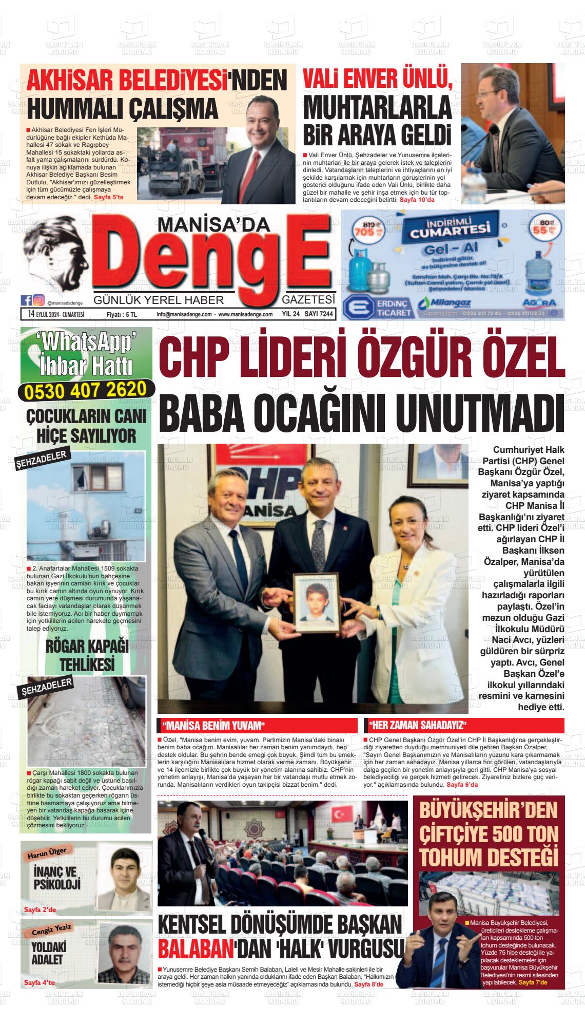 14 Eylül 2024 Manisada Denge Gazete Manşeti