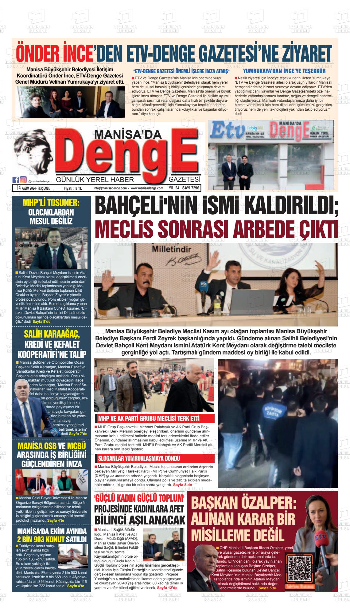 14 Kasım 2024 Manisada Denge Gazete Manşeti