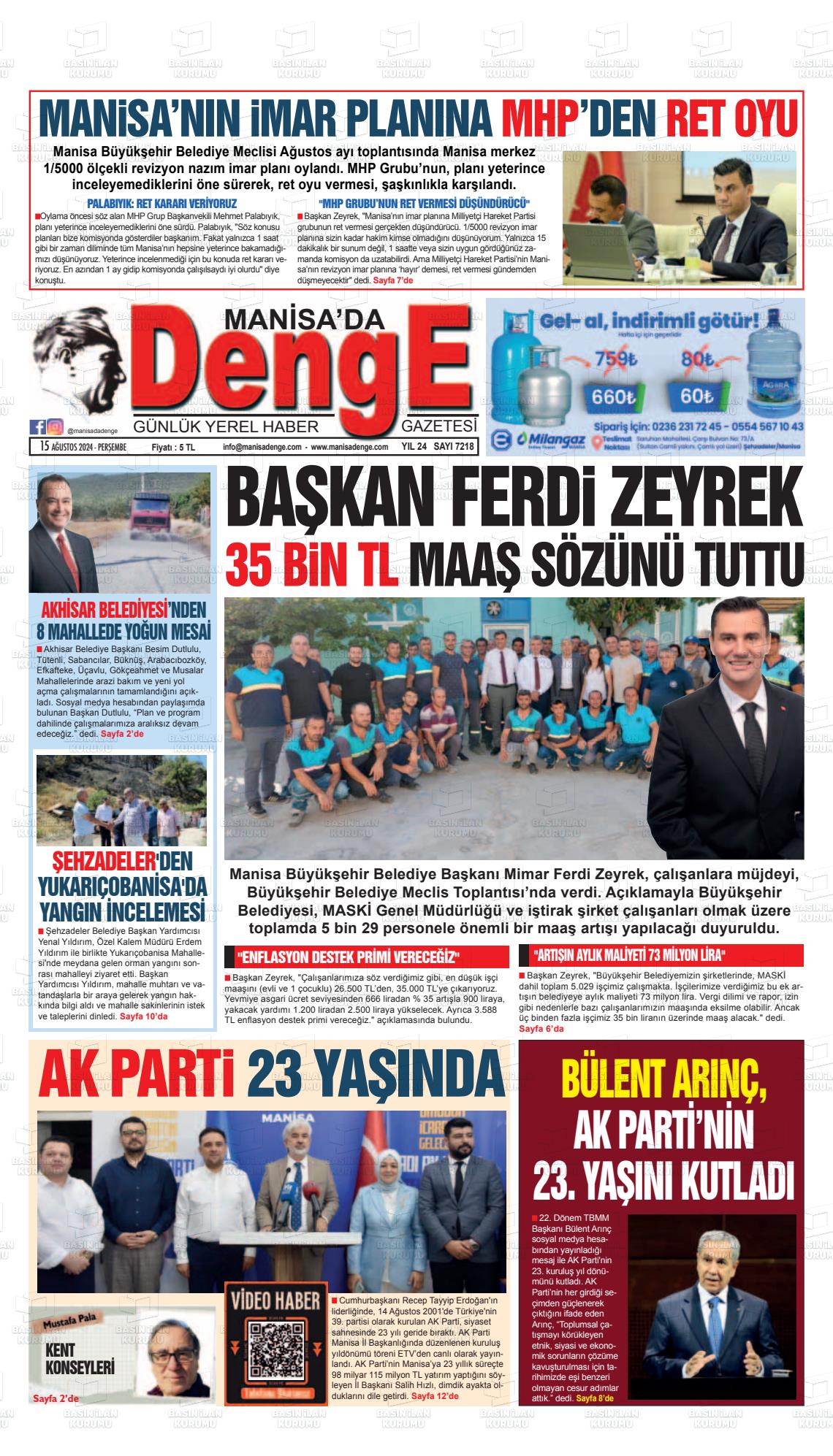 15 Ağustos 2024 Manisada Denge Gazete Manşeti