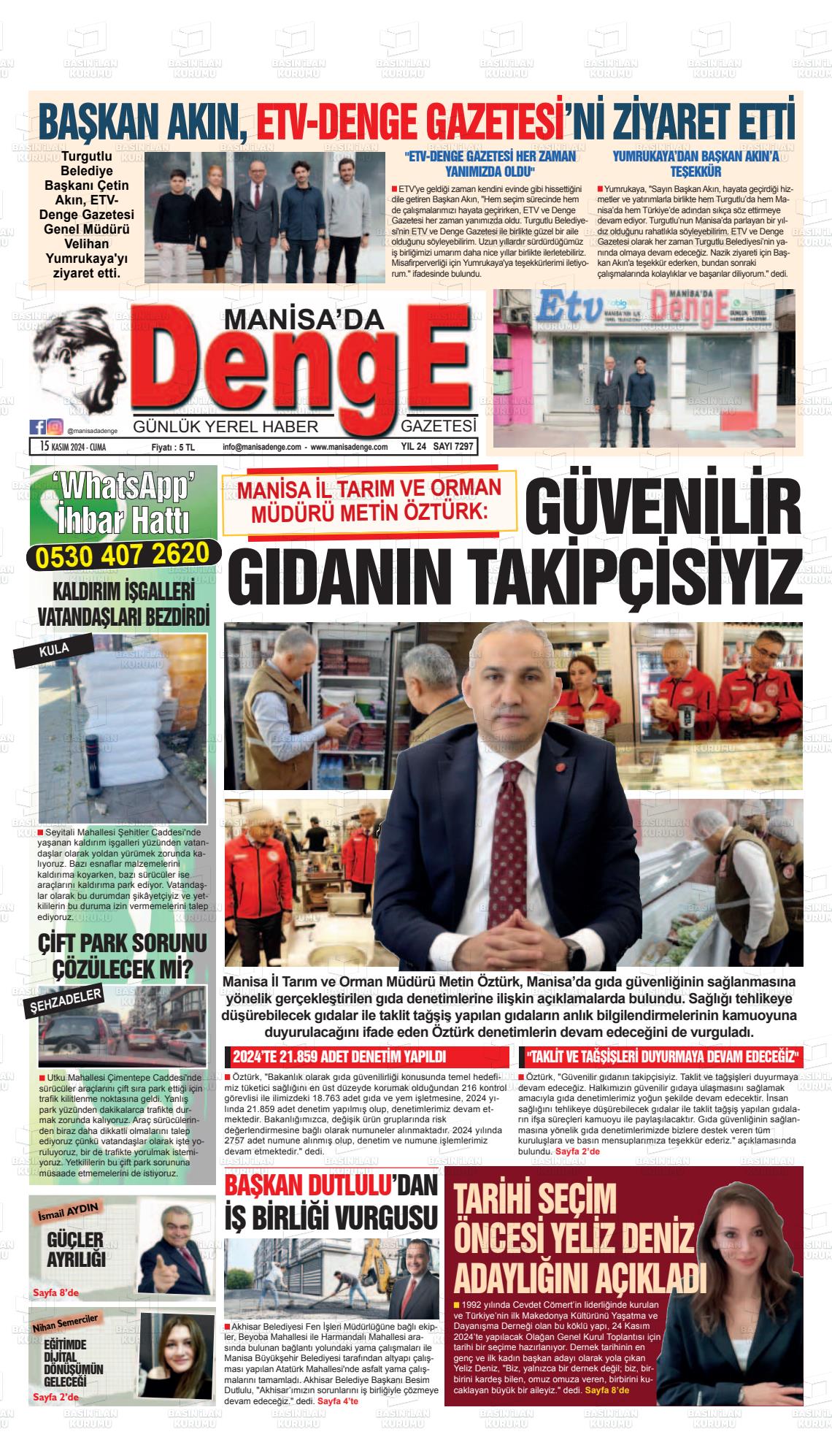 15 Kasım 2024 Manisada Denge Gazete Manşeti