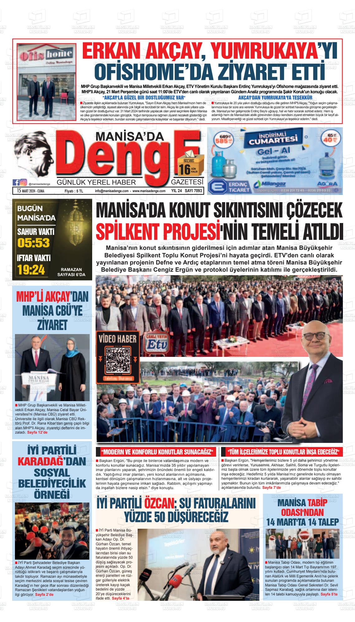 15 Mart 2024 Manisada Denge Gazete Manşeti