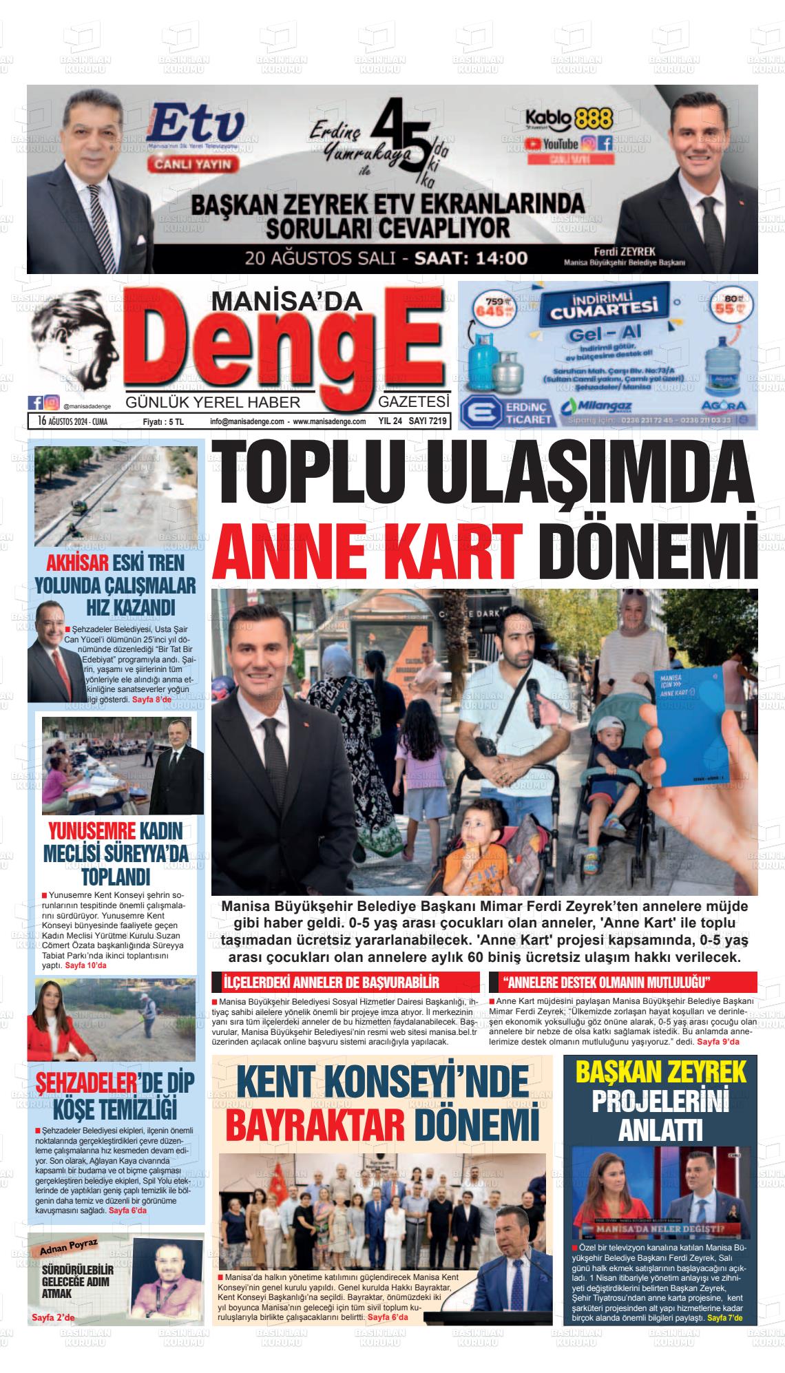 16 Ağustos 2024 Manisada Denge Gazete Manşeti