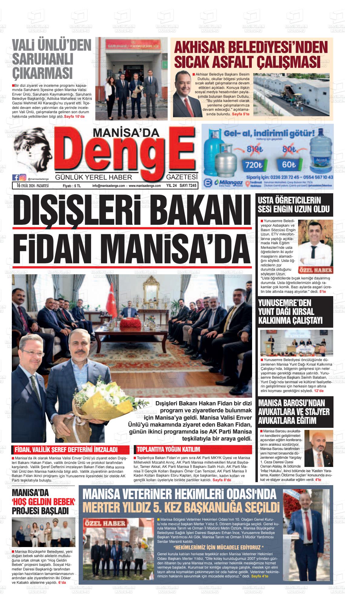 16 Eylül 2024 Manisada Denge Gazete Manşeti