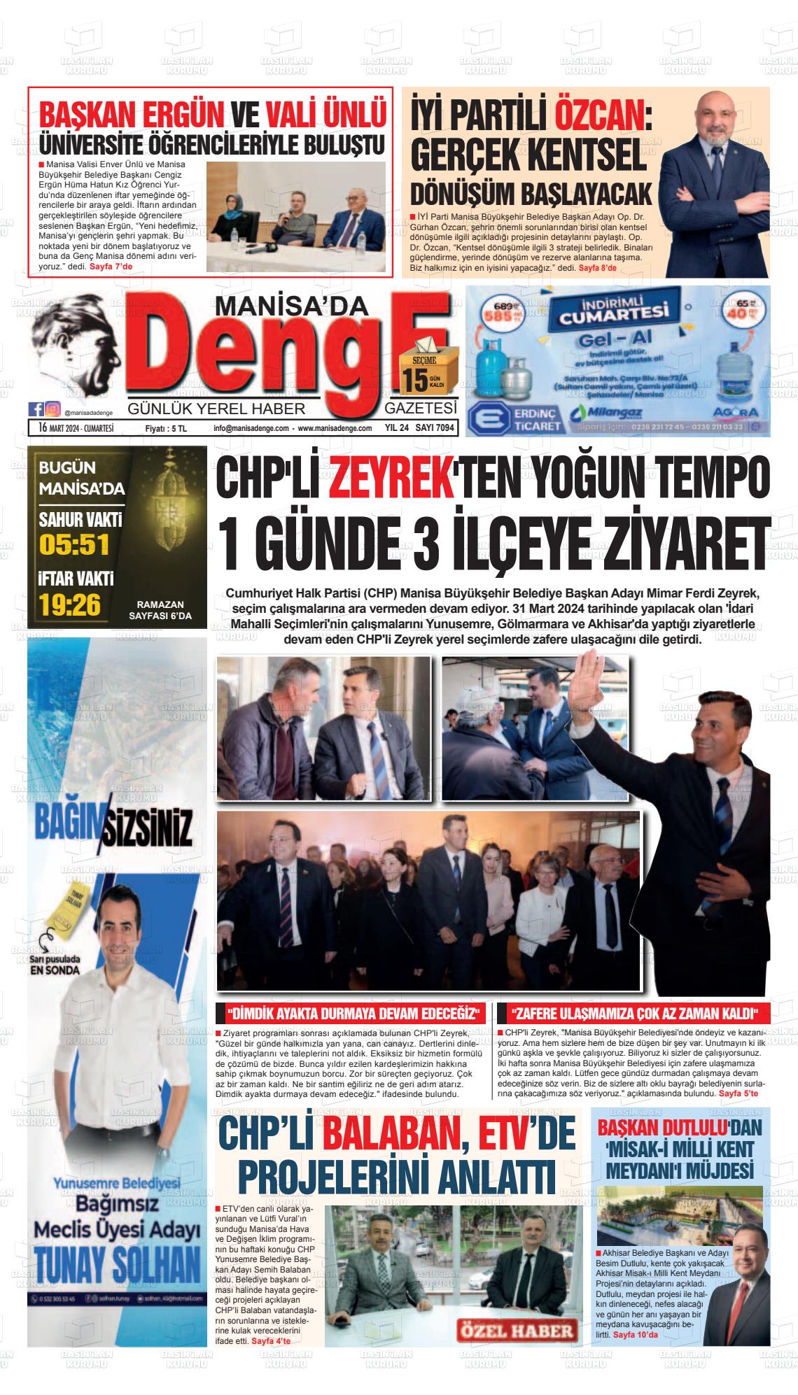 16 Mart 2024 Manisada Denge Gazete Manşeti