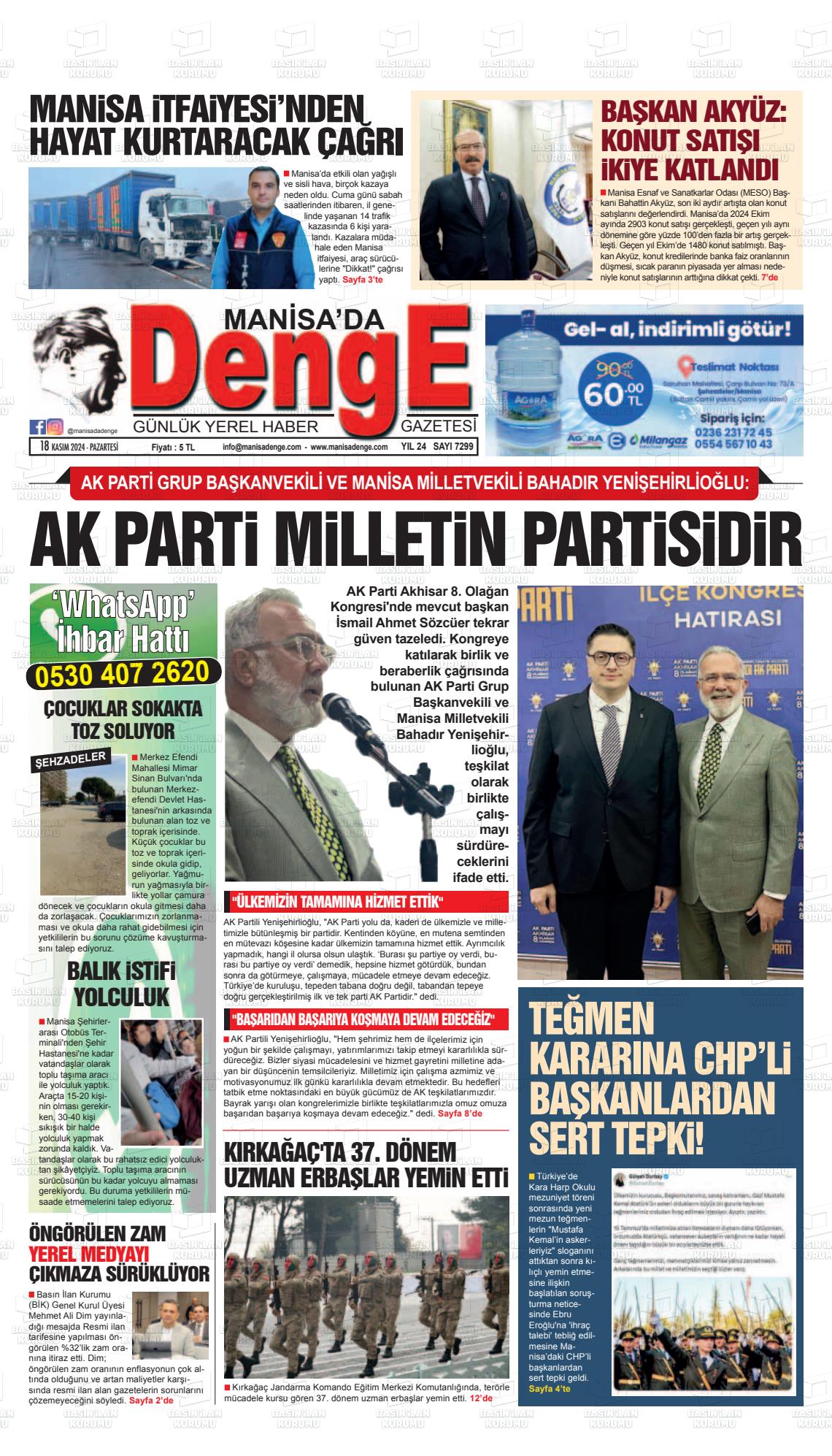 18 Kasım 2024 Manisada Denge Gazete Manşeti