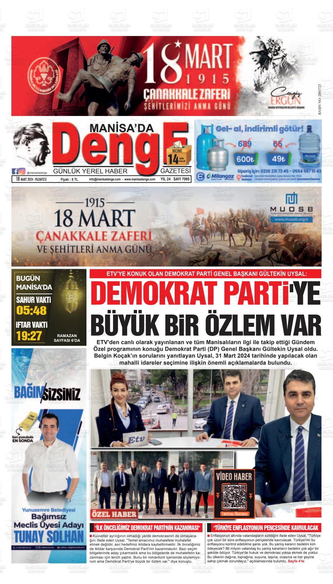 18 Mart 2024 Manisada Denge Gazete Manşeti