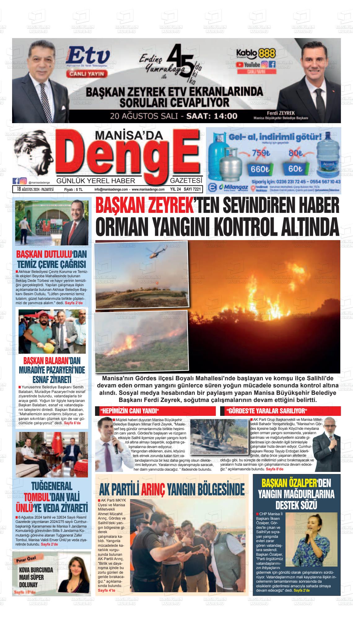 19 Ağustos 2024 Manisada Denge Gazete Manşeti