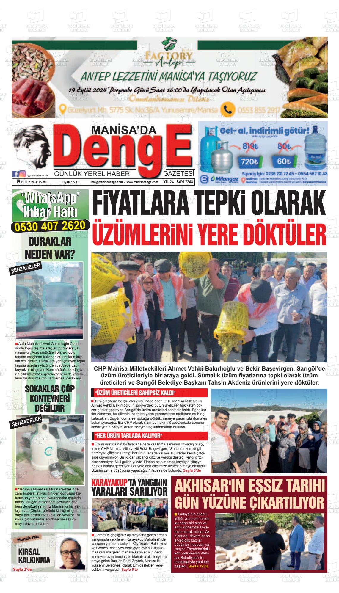 19 Eylül 2024 Manisada Denge Gazete Manşeti