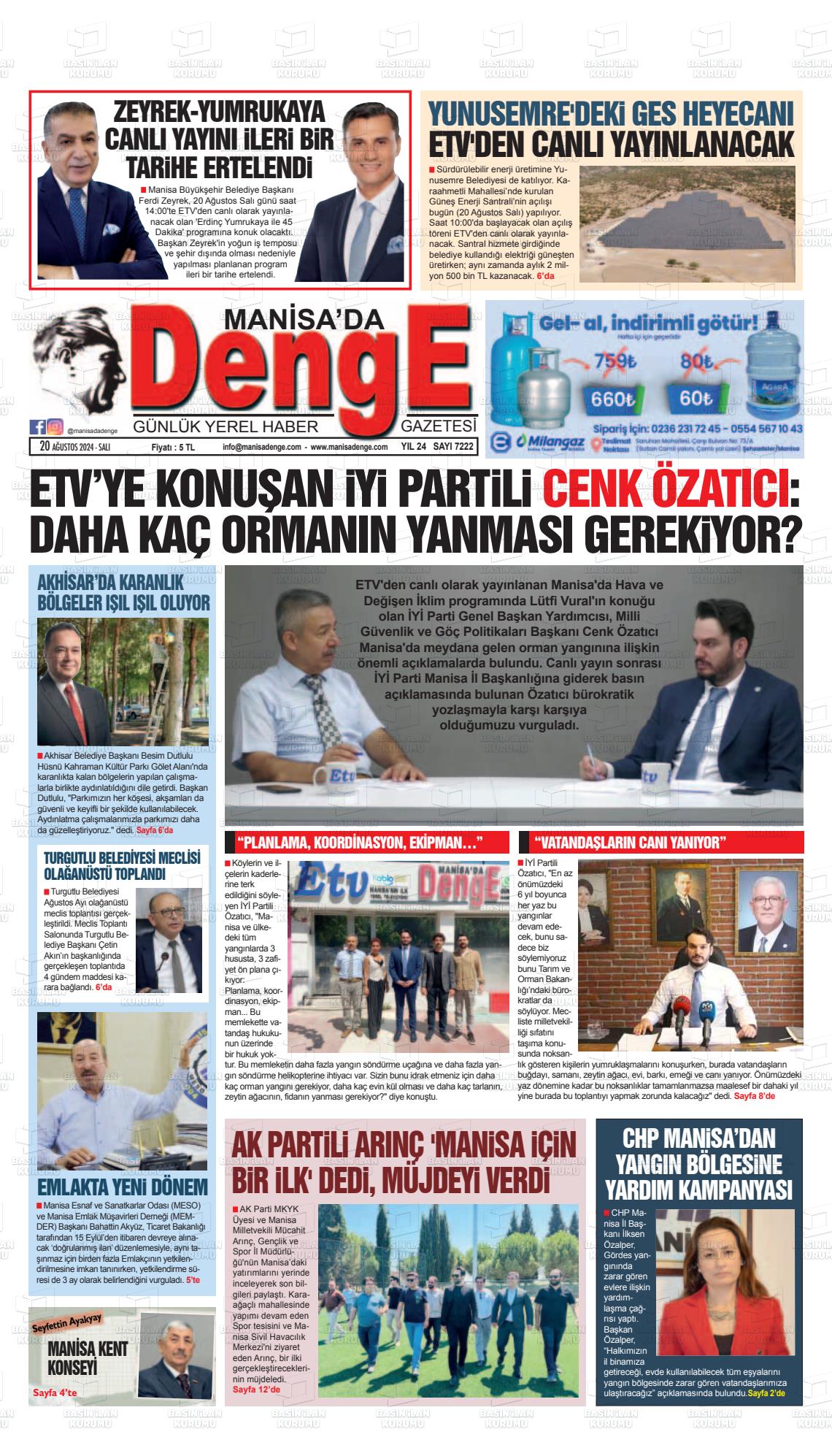 20 Ağustos 2024 Manisada Denge Gazete Manşeti