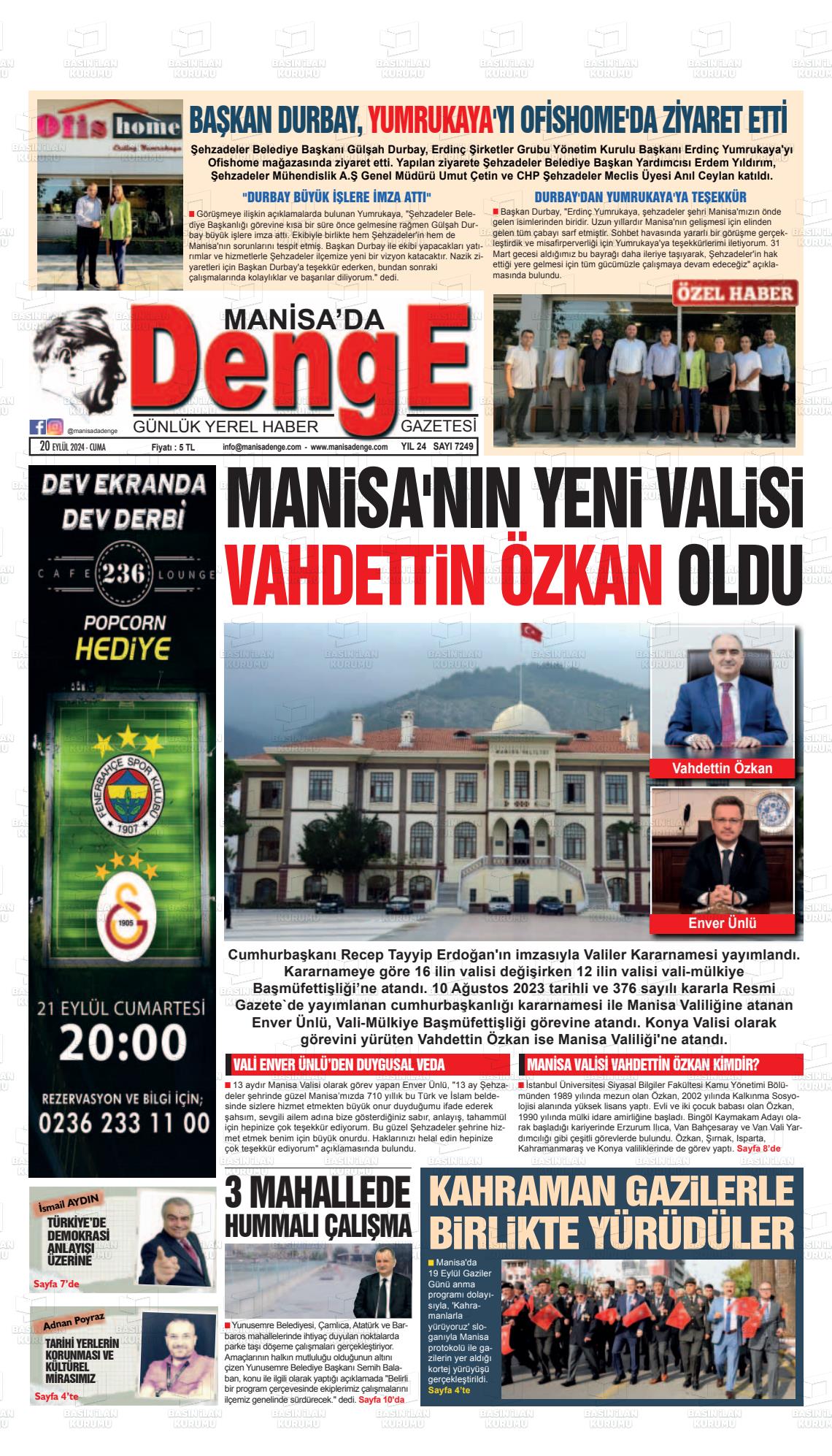 20 Eylül 2024 Manisada Denge Gazete Manşeti