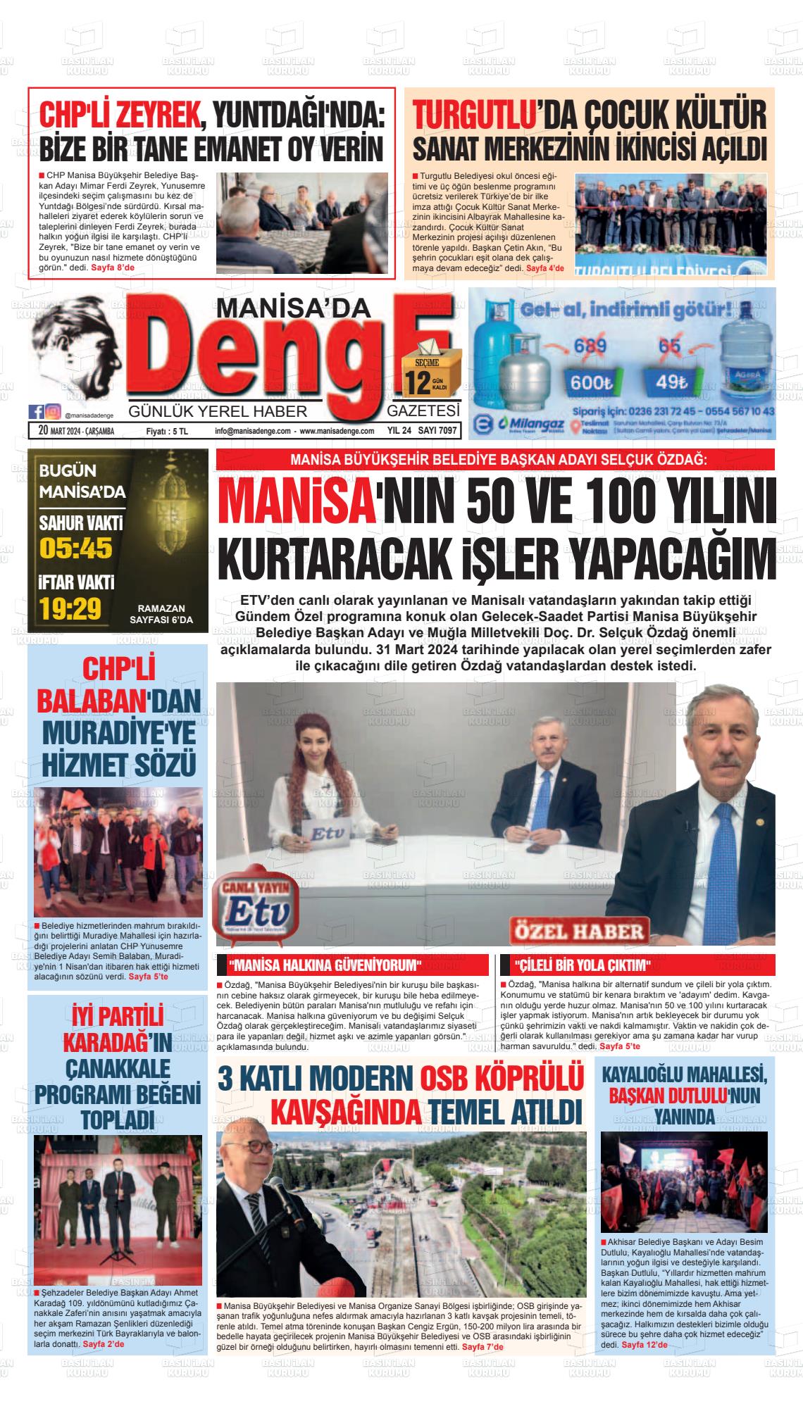 20 Mart 2024 Manisada Denge Gazete Manşeti