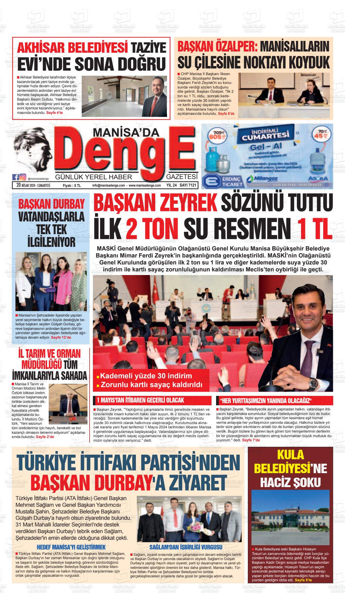 20 Nisan 2024 Manisada Denge Gazete Manşeti