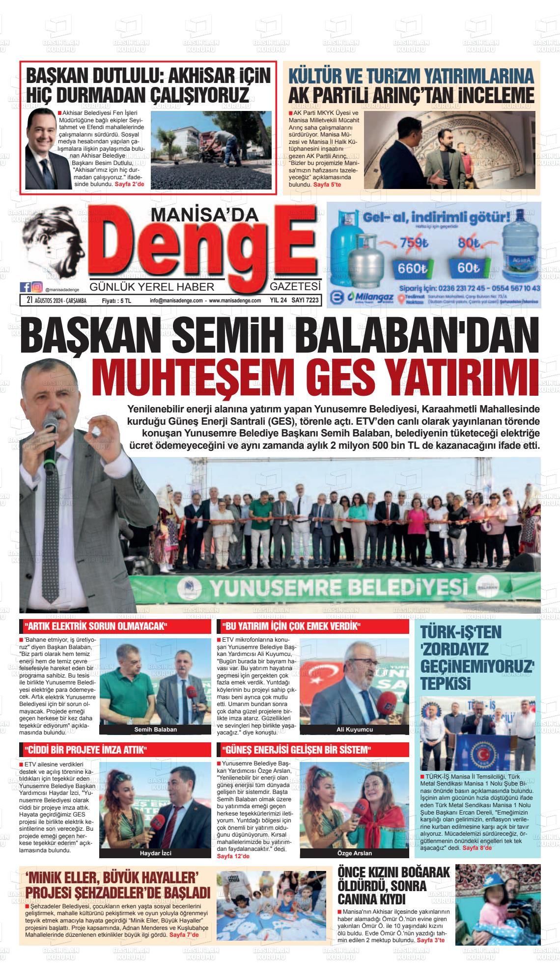 21 Ağustos 2024 Manisada Denge Gazete Manşeti