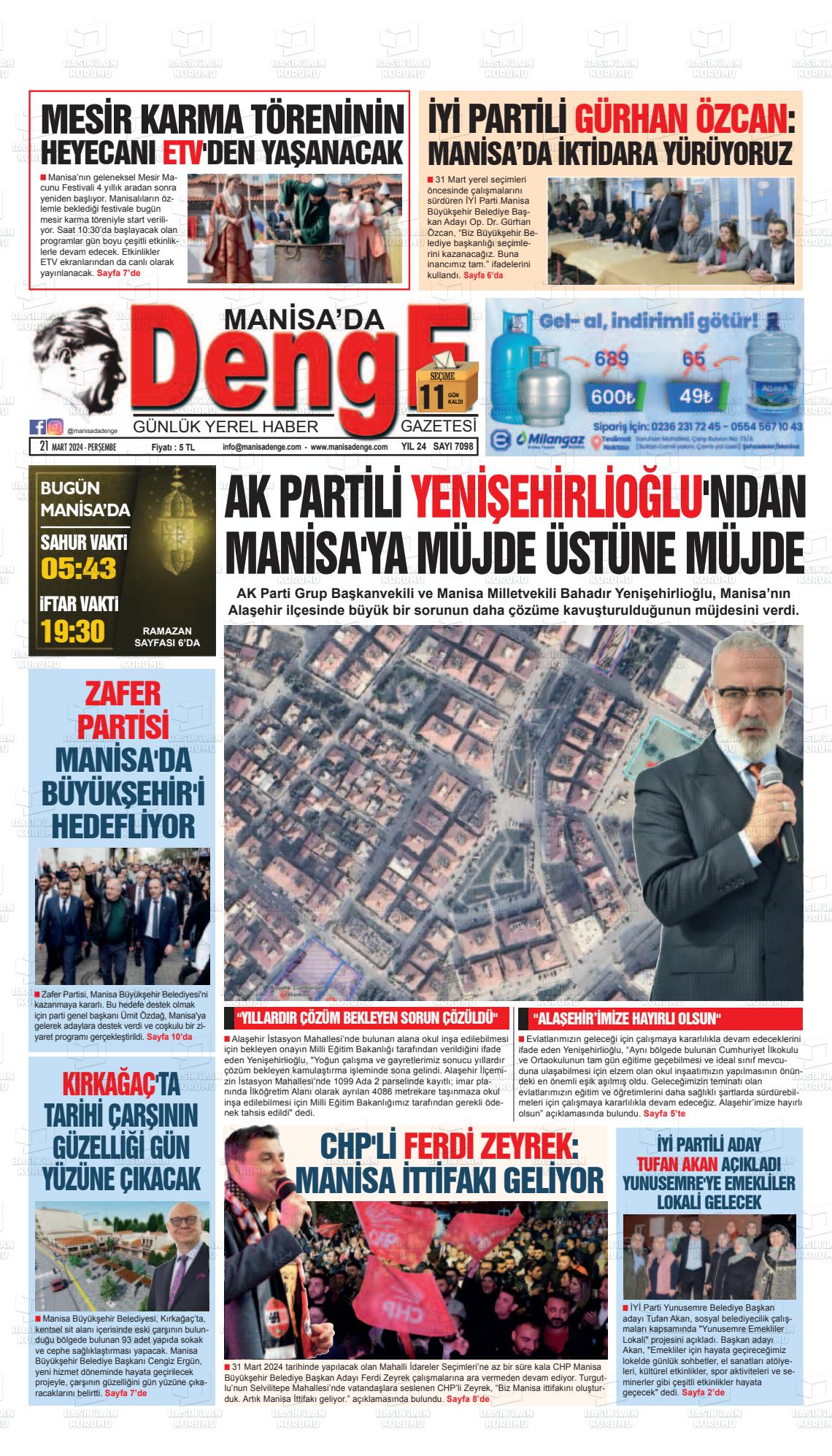 21 Mart 2024 Manisada Denge Gazete Manşeti