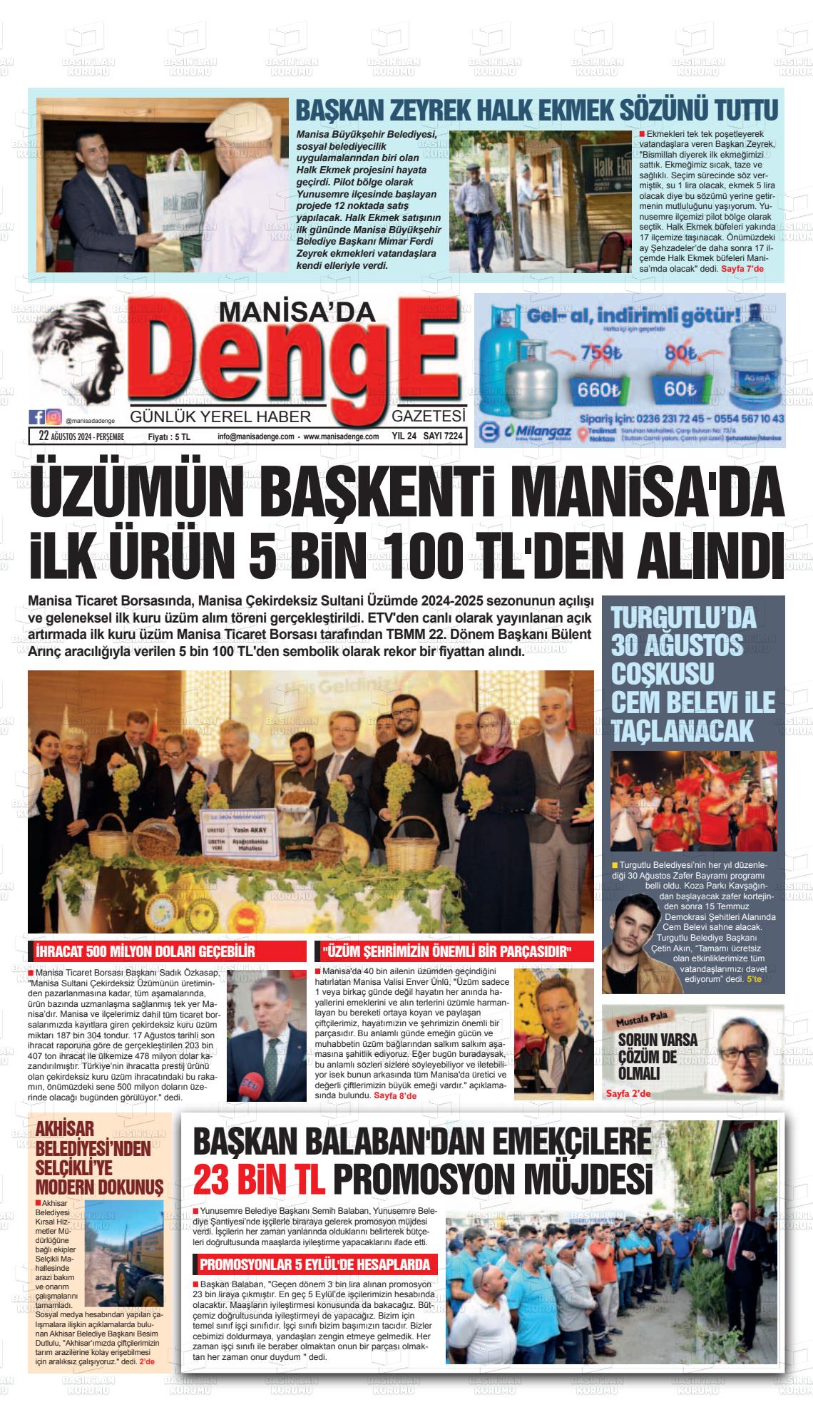 22 Ağustos 2024 Manisada Denge Gazete Manşeti