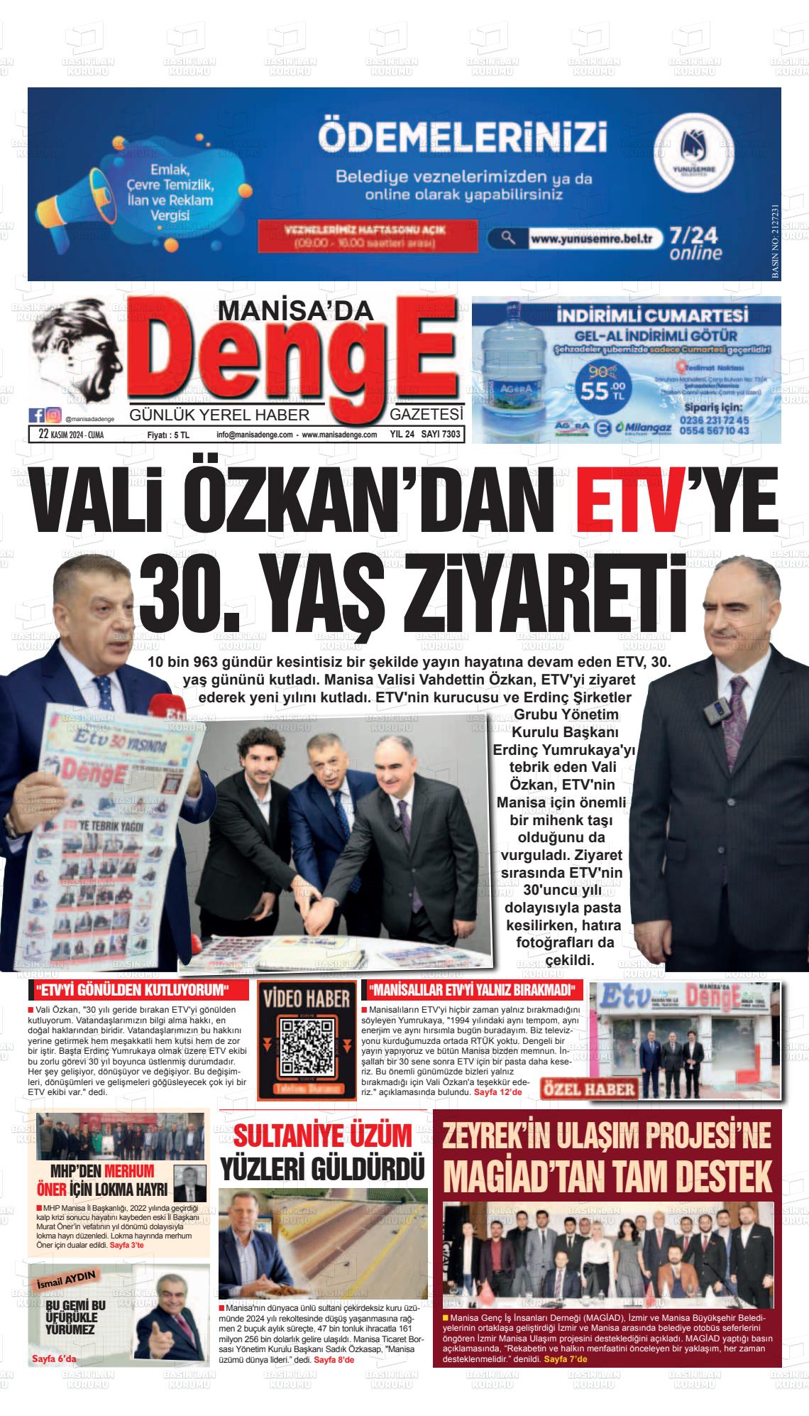 22 Kasım 2024 Manisada Denge Gazete Manşeti