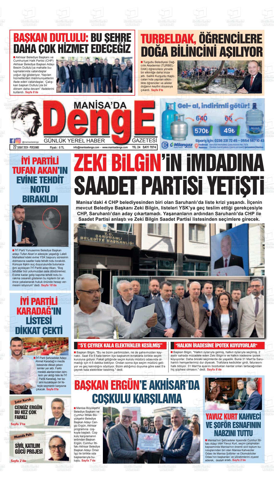 22 Şubat 2024 Manisada Denge Gazete Manşeti