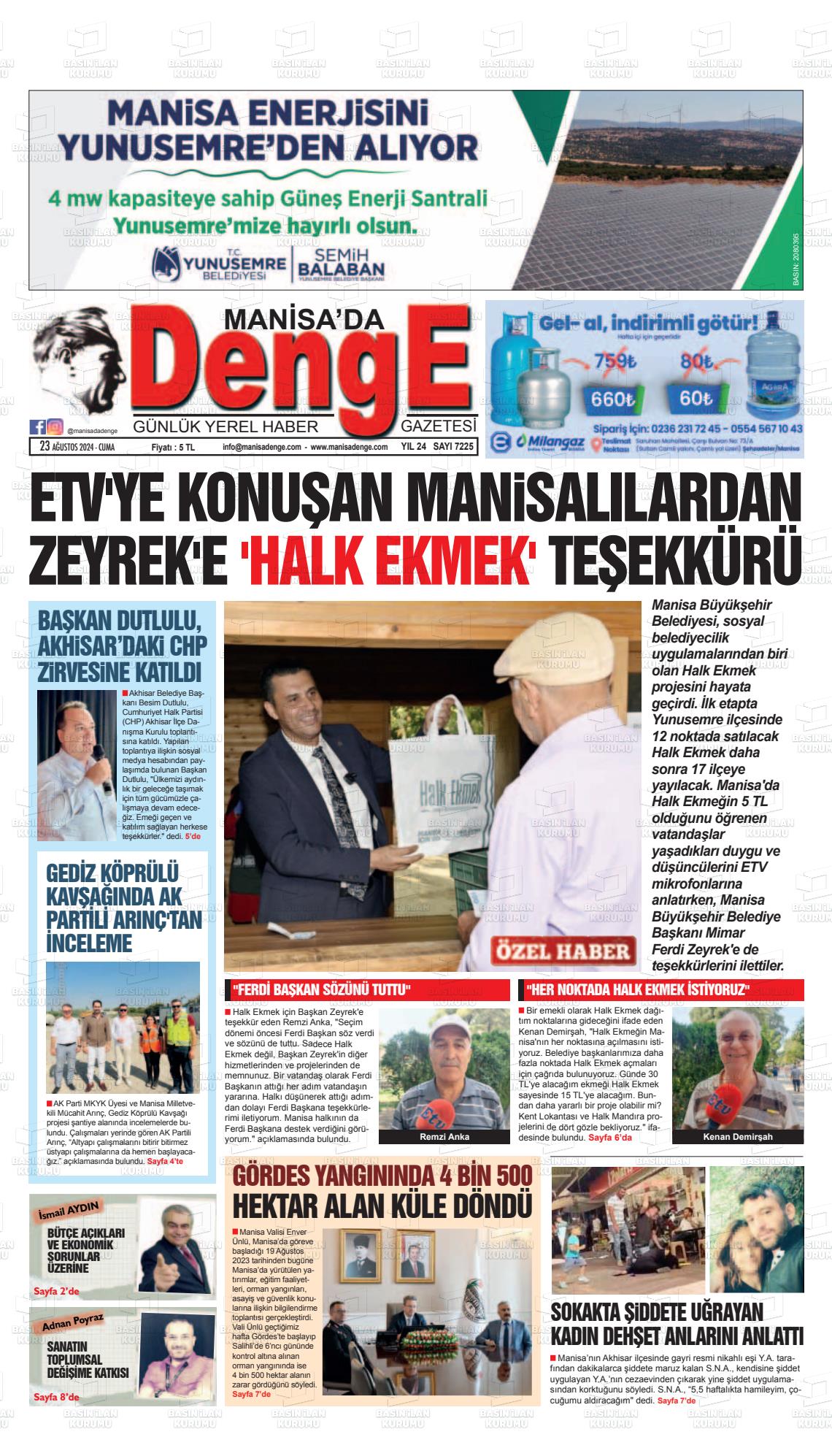 23 Ağustos 2024 Manisada Denge Gazete Manşeti