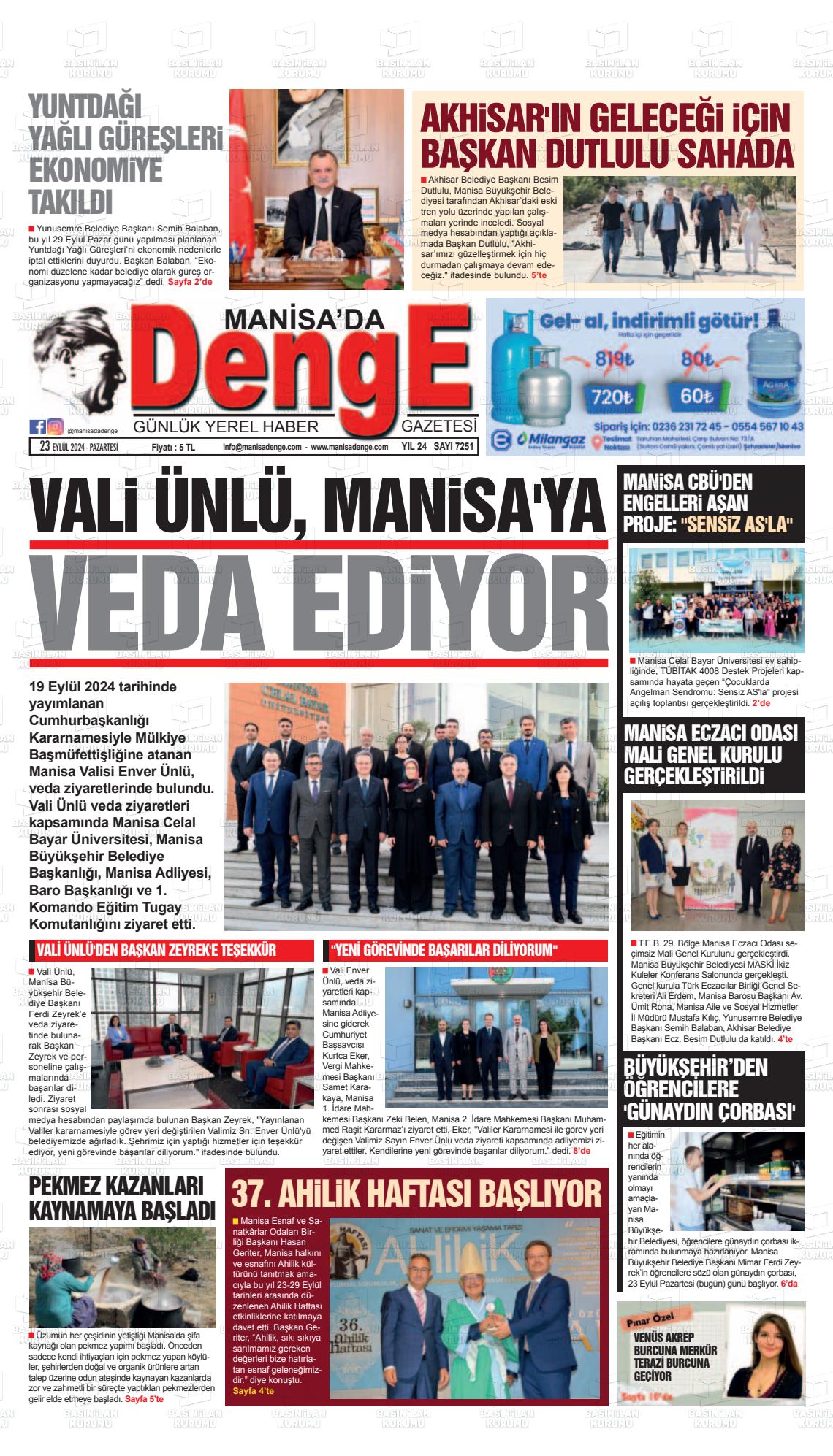 23 Eylül 2024 Manisada Denge Gazete Manşeti