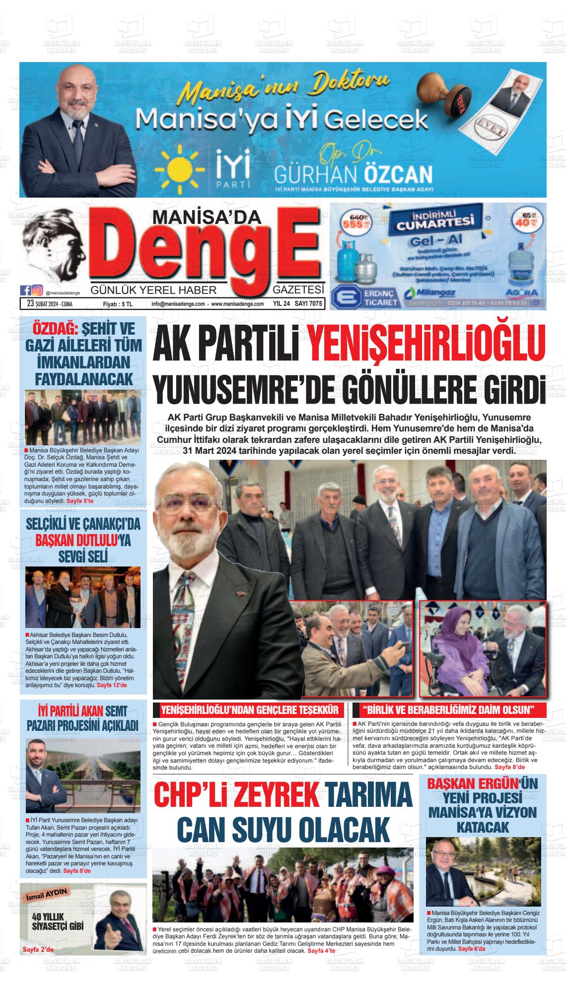 23 Şubat 2024 Manisada Denge Gazete Manşeti