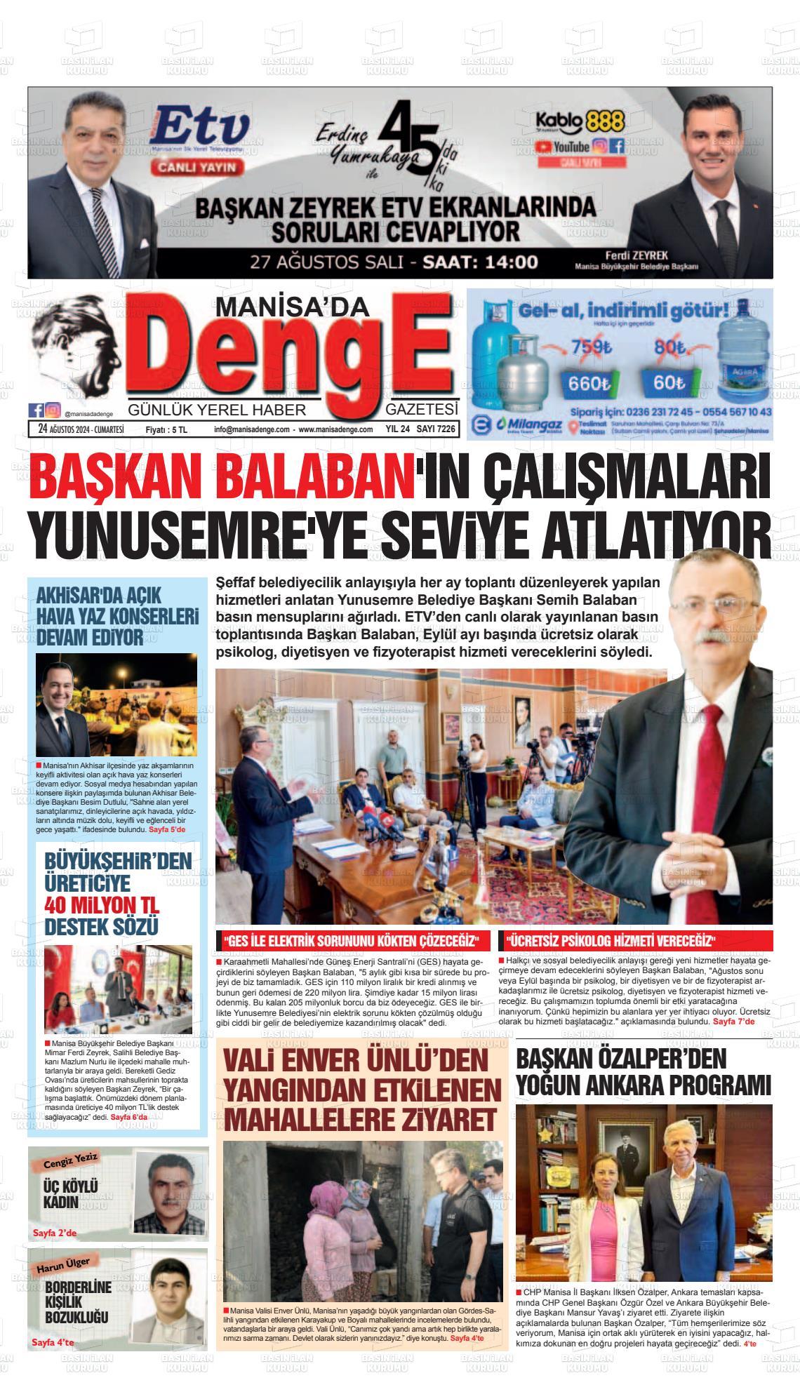 24 Ağustos 2024 Manisada Denge Gazete Manşeti