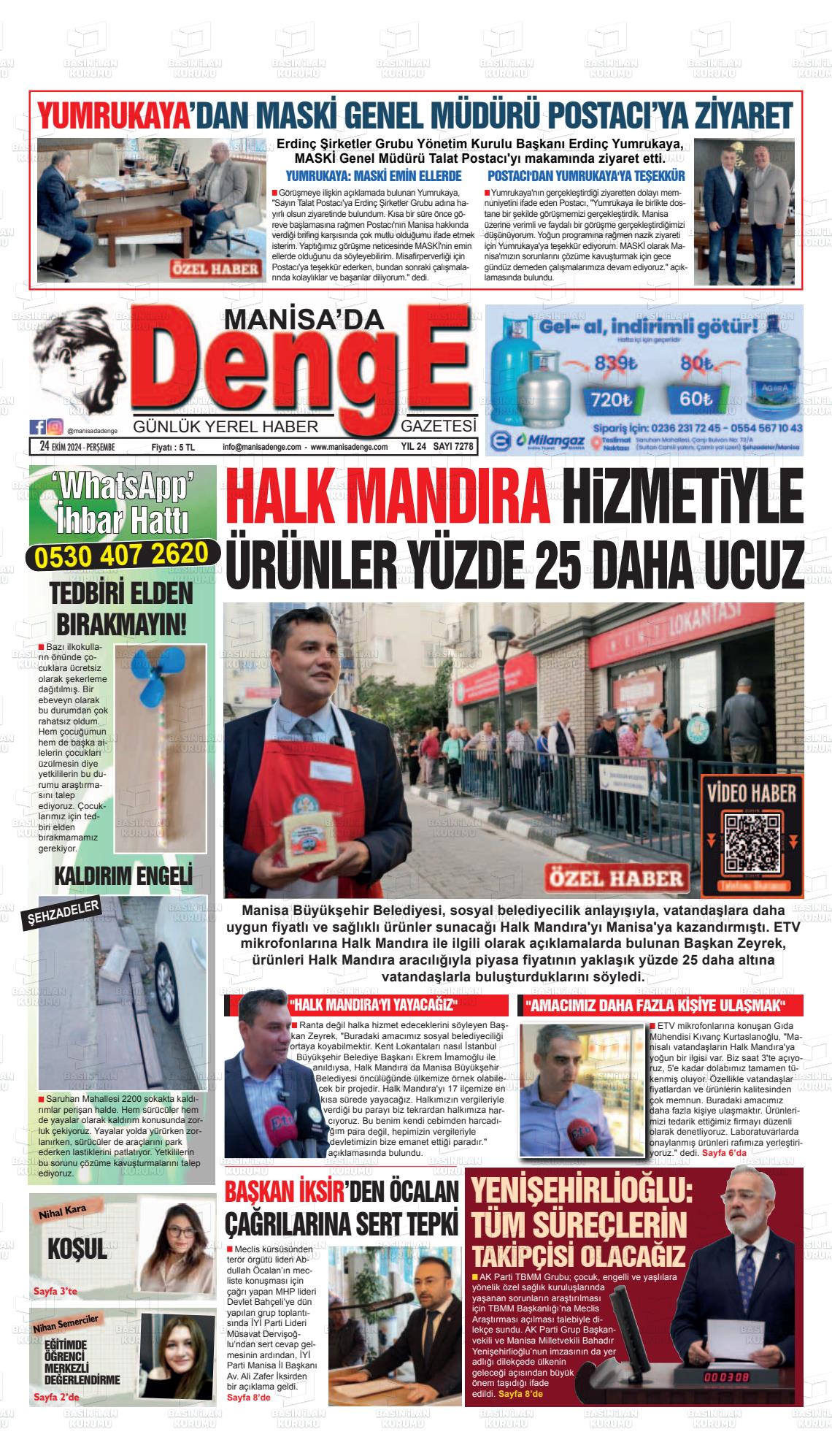 24 Ekim 2024 Manisada Denge Gazete Manşeti