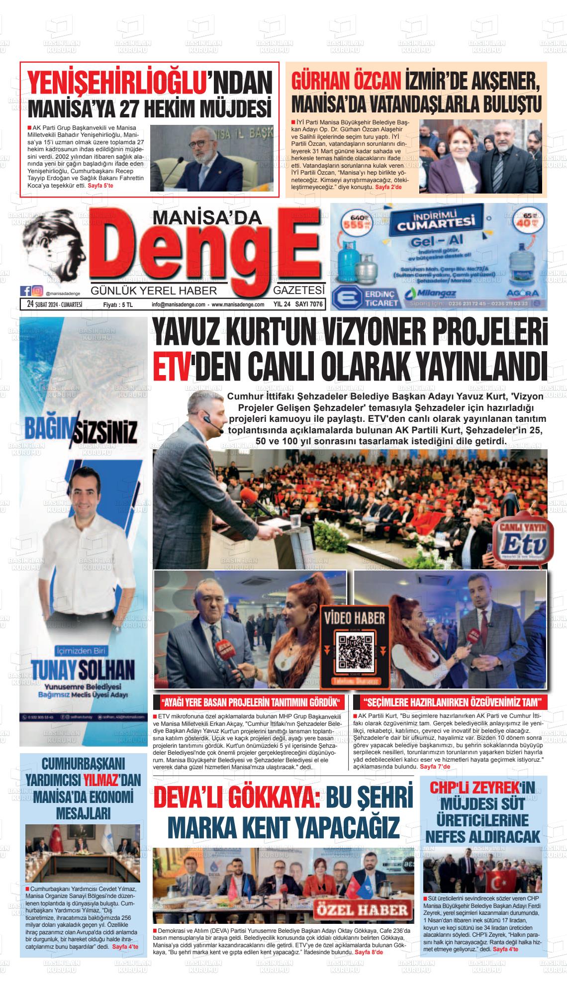 24 Şubat 2024 Manisada Denge Gazete Manşeti