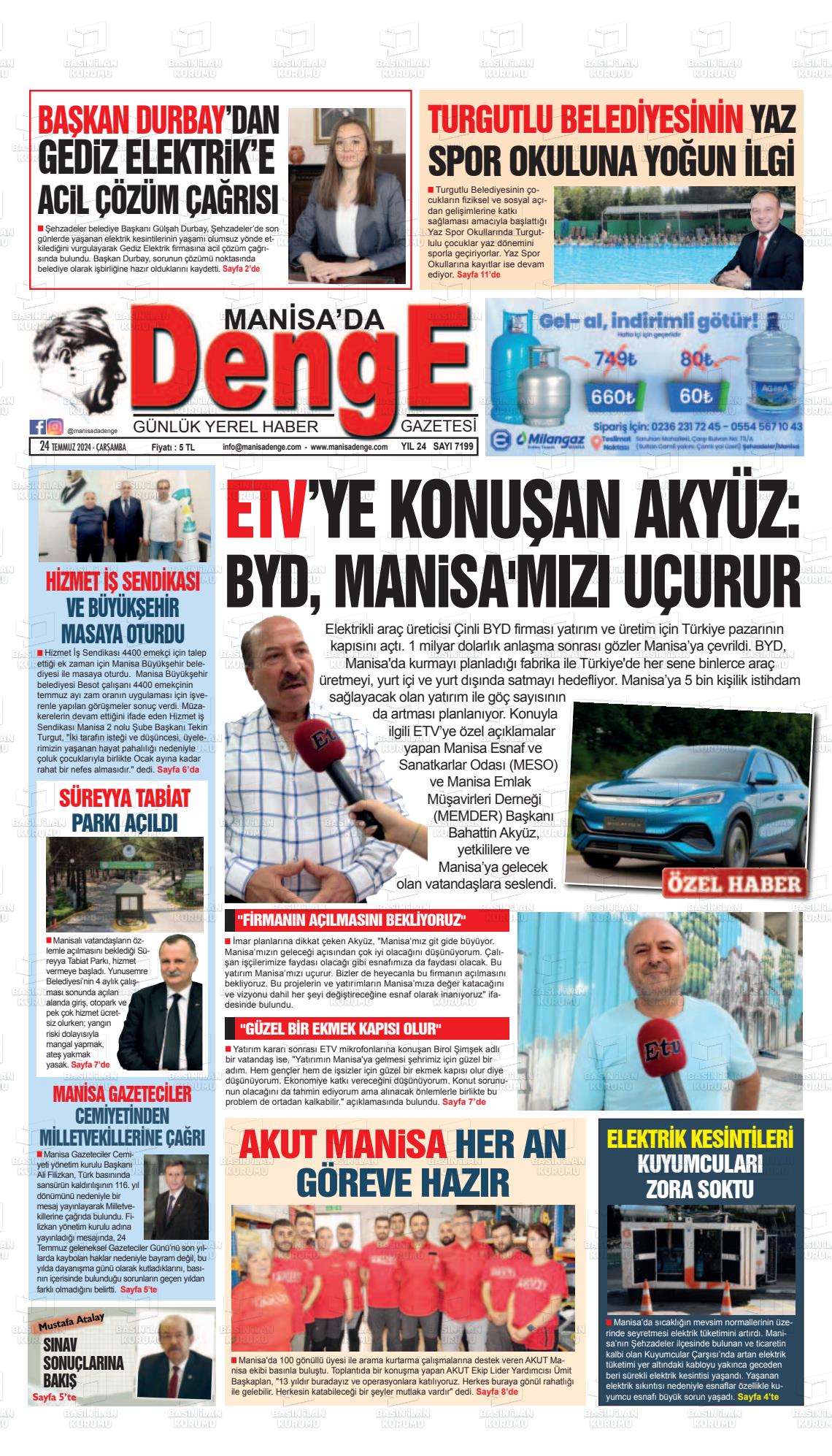 24 Temmuz 2024 Manisada Denge Gazete Manşeti