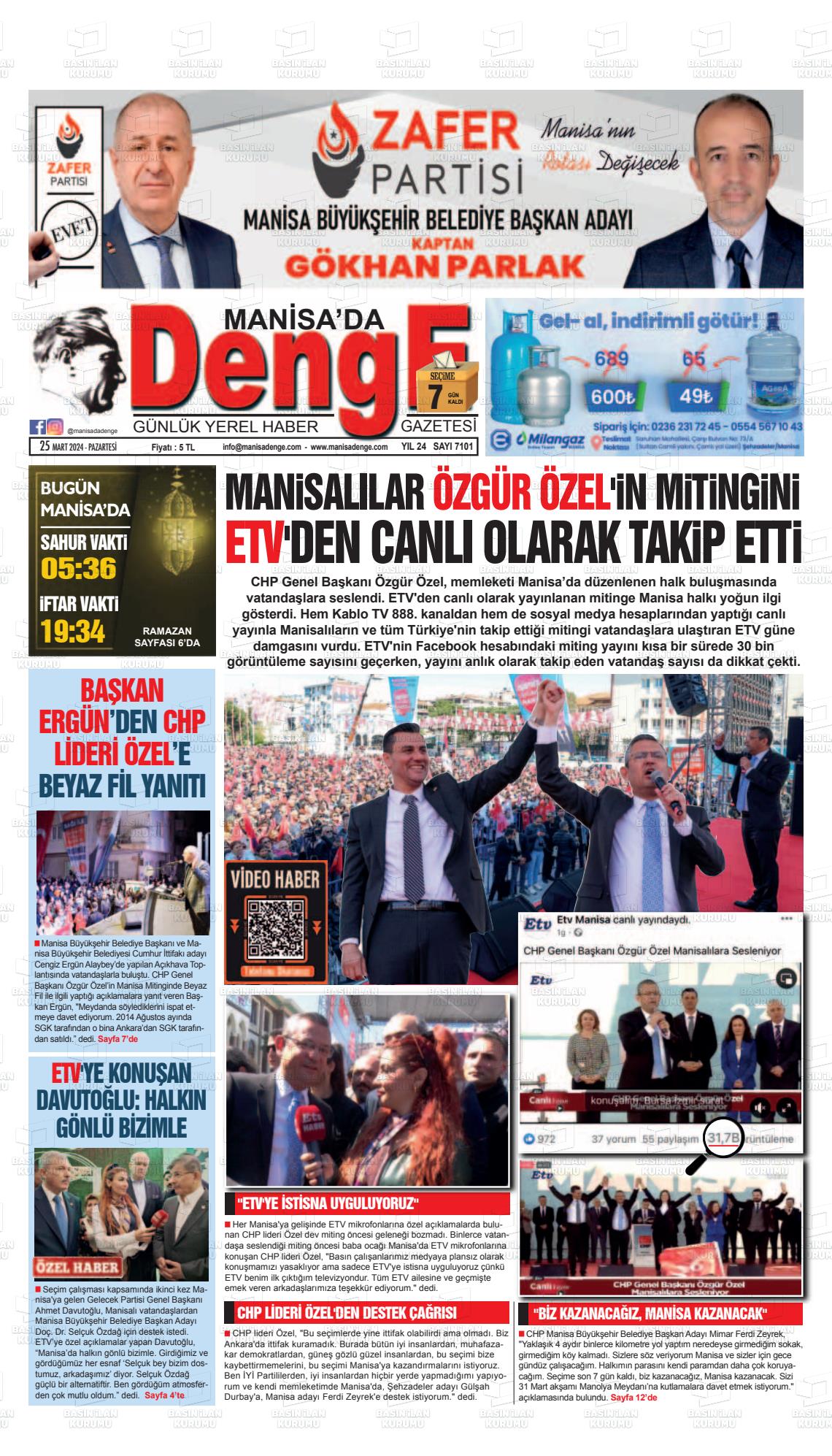 25 Mart 2024 Manisada Denge Gazete Manşeti