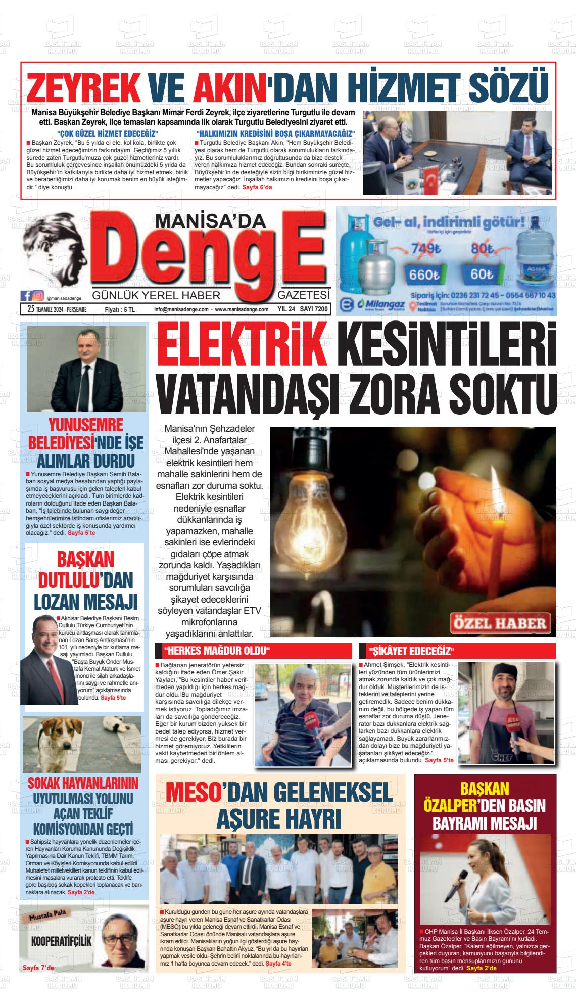 25 Temmuz 2024 Manisada Denge Gazete Manşeti