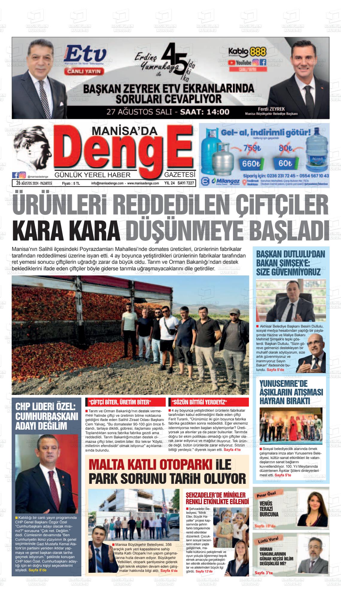 26 Ağustos 2024 Manisada Denge Gazete Manşeti