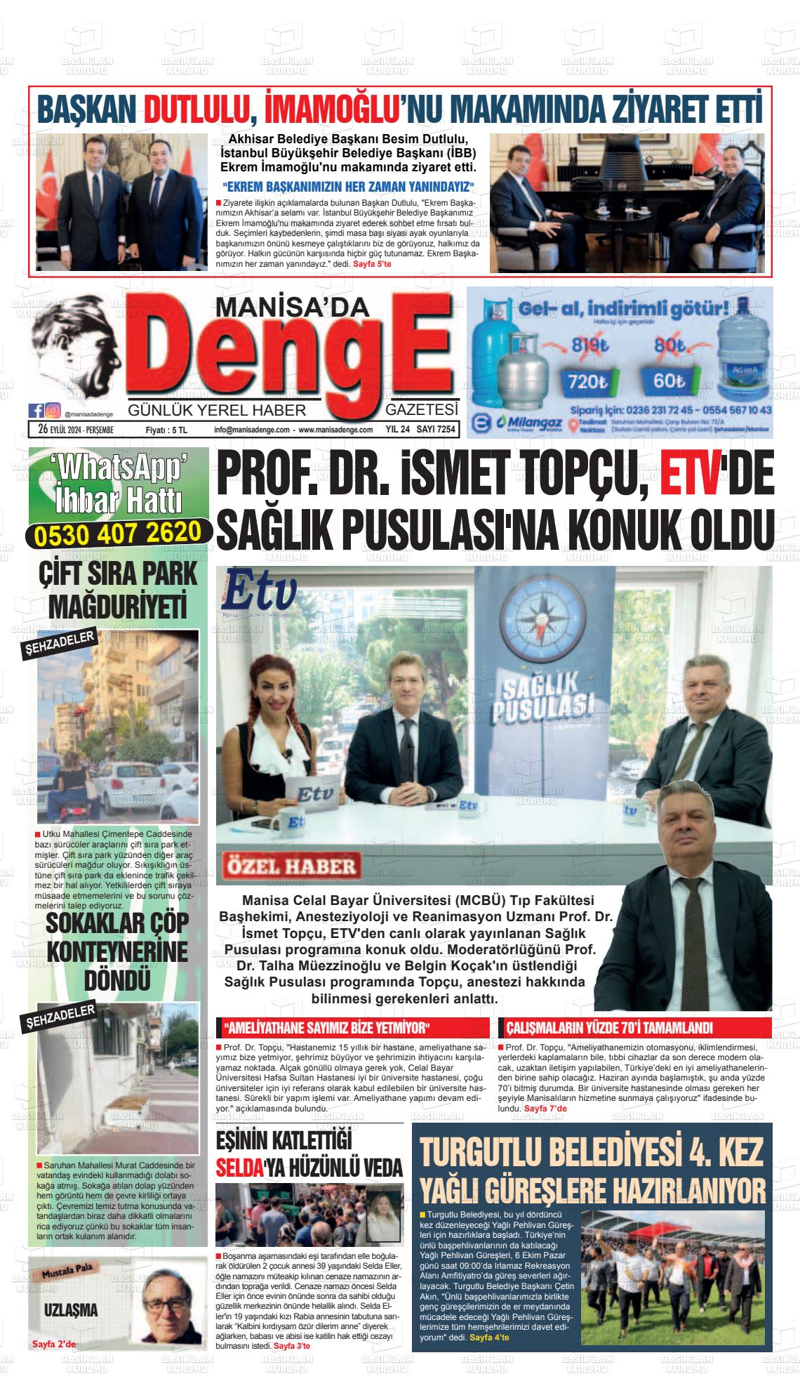 26 Eylül 2024 Manisada Denge Gazete Manşeti