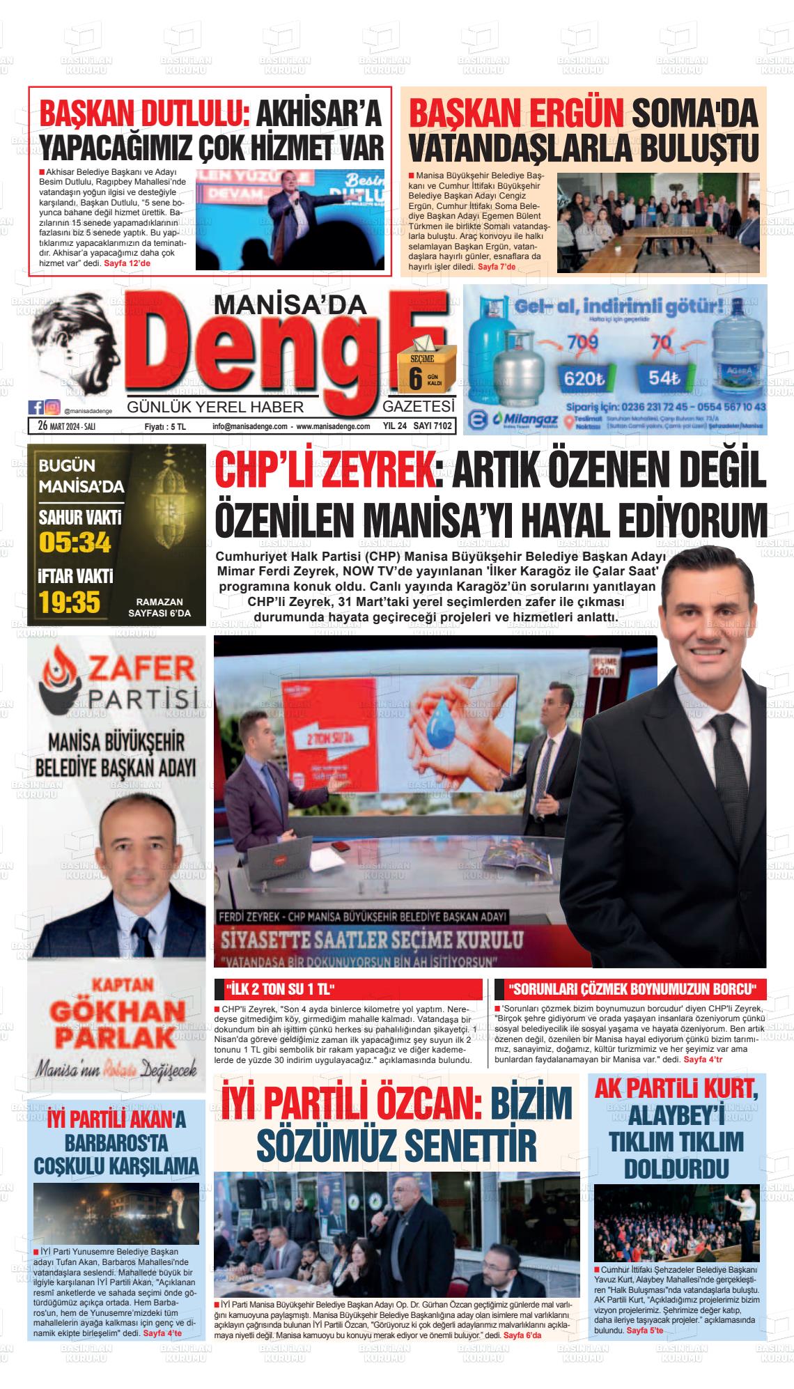 26 Mart 2024 Manisada Denge Gazete Manşeti