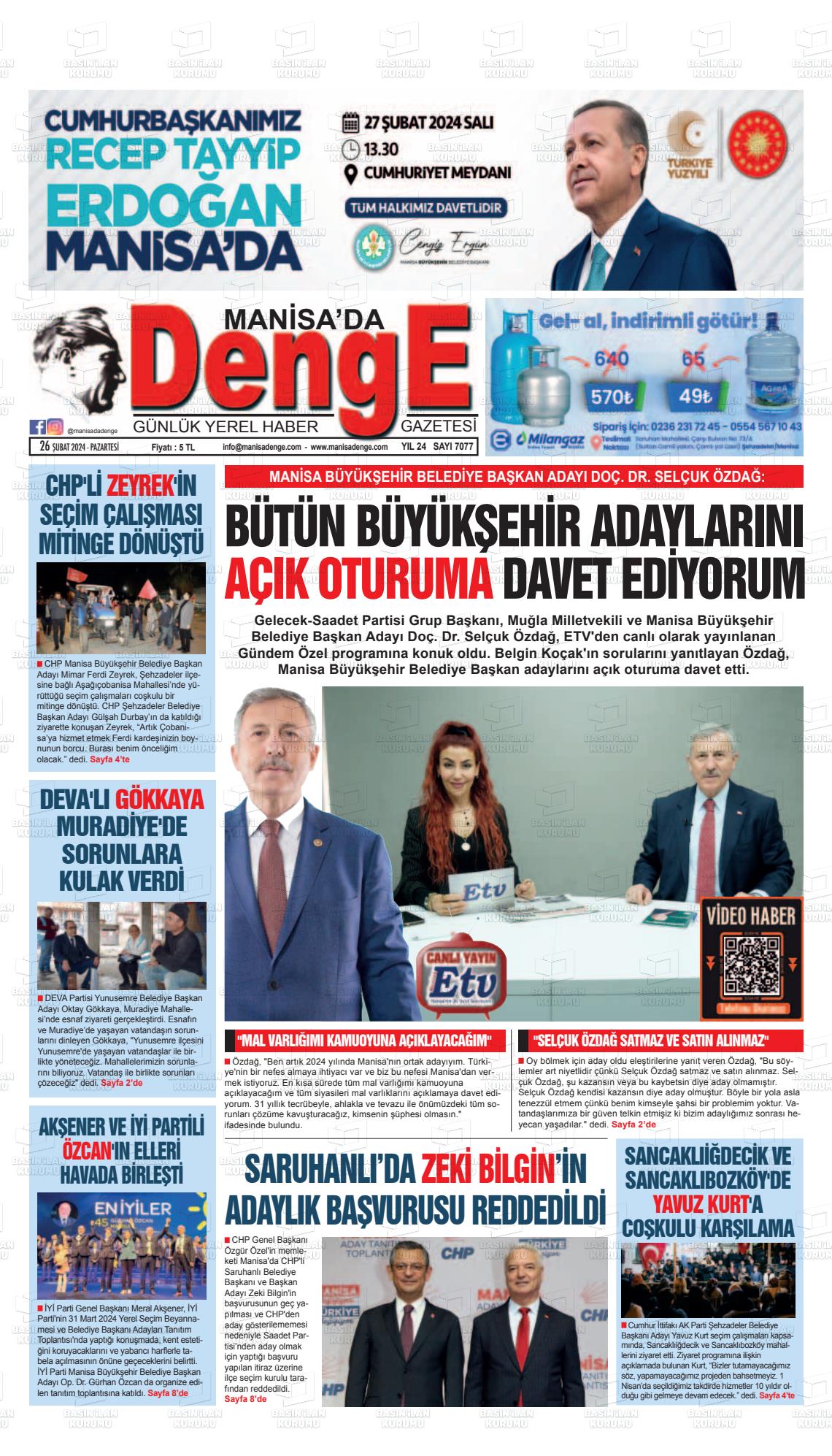 26 Şubat 2024 Manisada Denge Gazete Manşeti