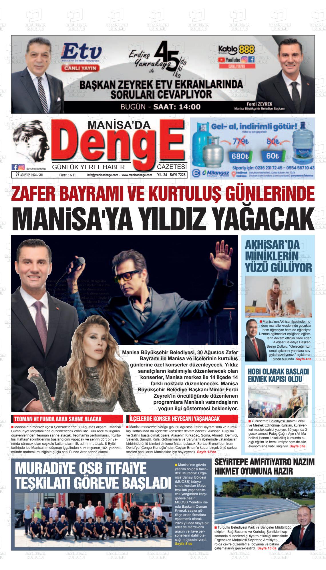 27 Ağustos 2024 Manisada Denge Gazete Manşeti