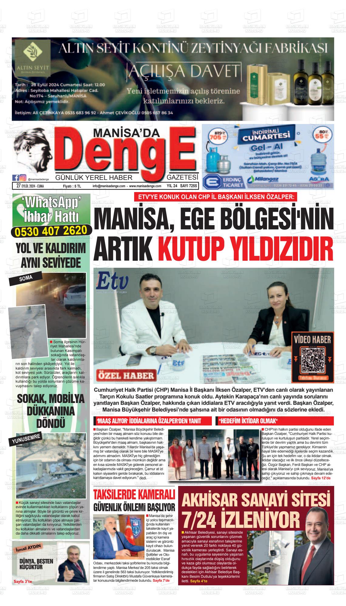 27 Eylül 2024 Manisada Denge Gazete Manşeti