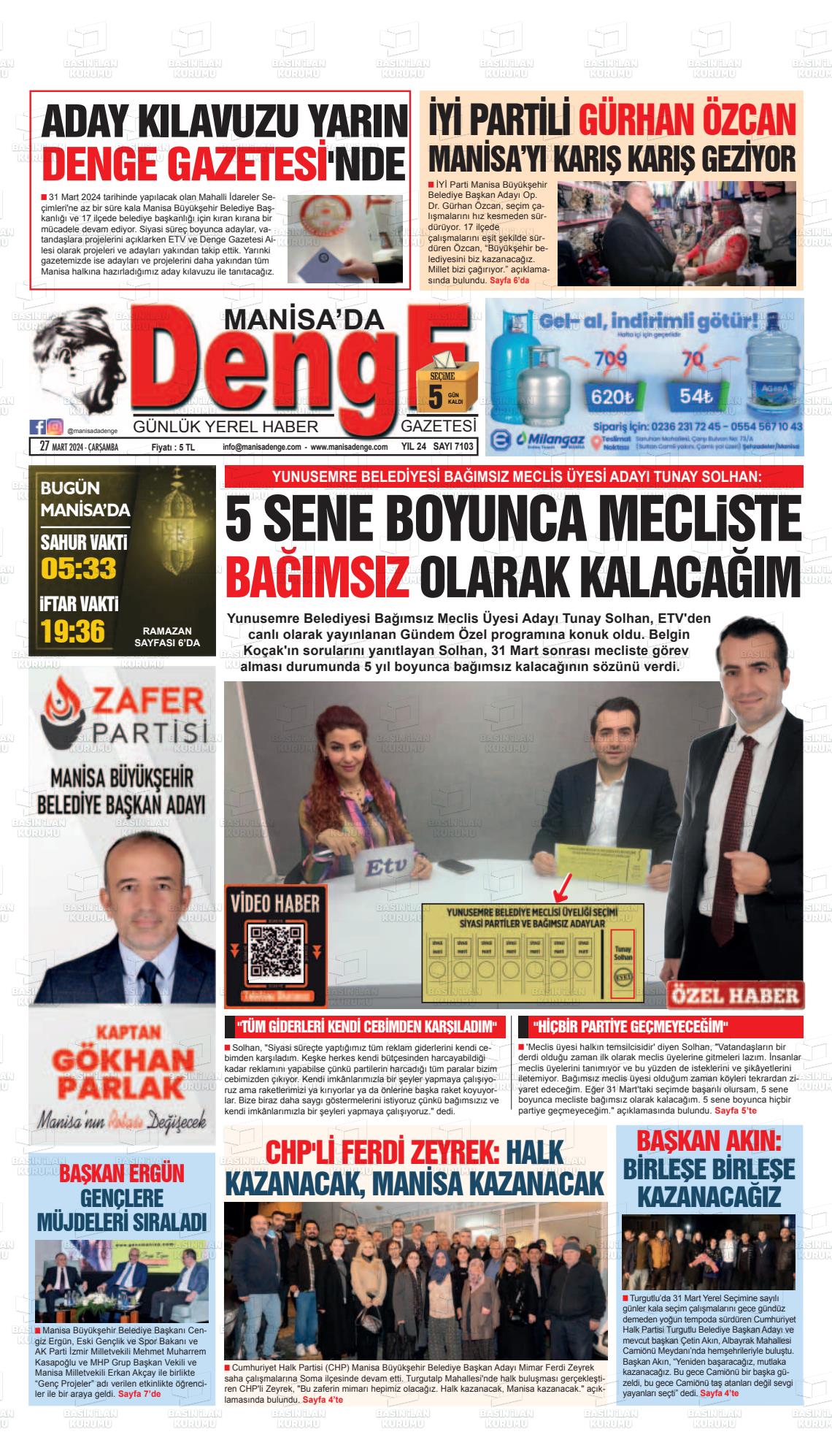 27 Mart 2024 Manisada Denge Gazete Manşeti